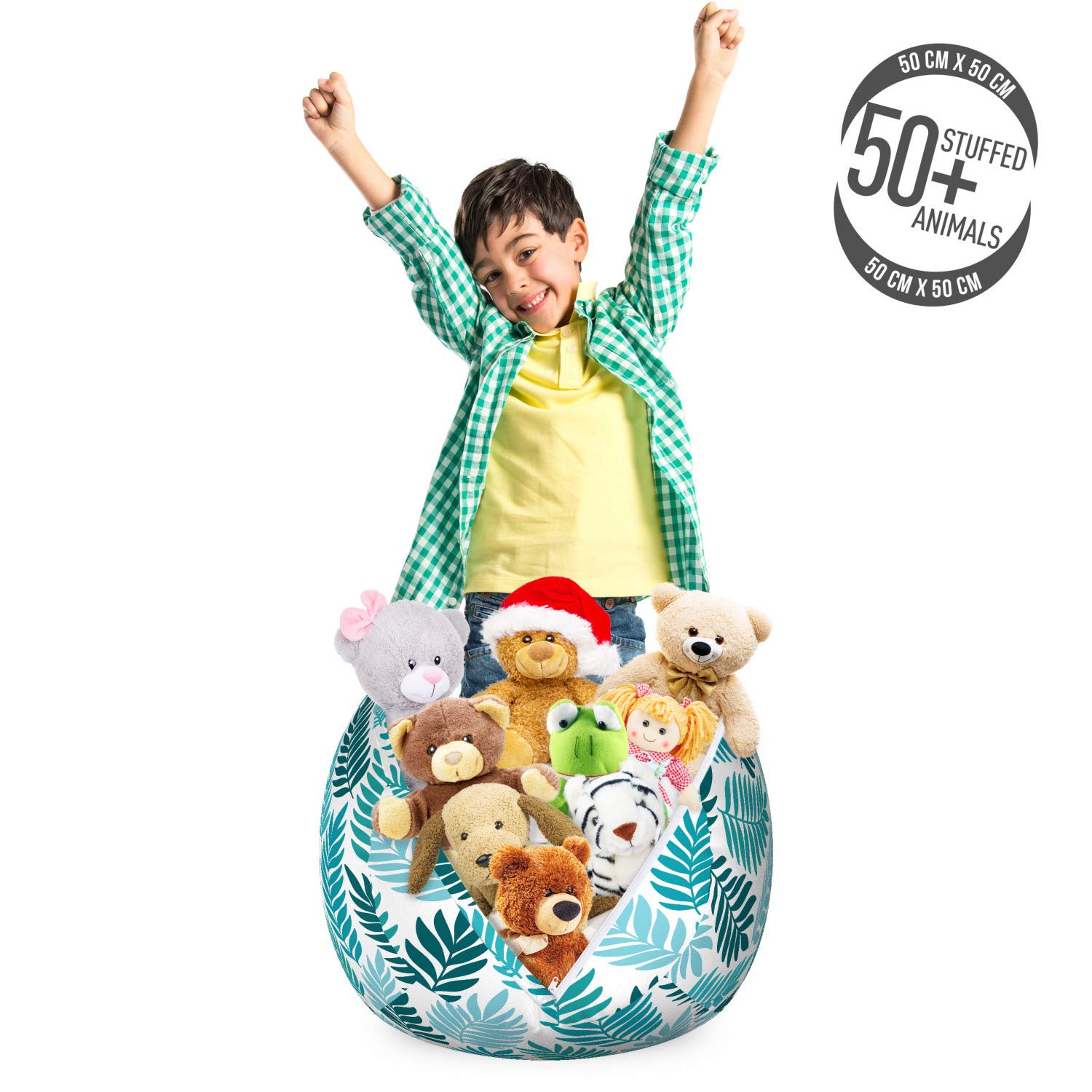 Ambesonne Floral Storage Toy Bag Chair - Exotic Tropical Rainforest Leaves Pattern, Washable Stuffed Animal Organizer, Small Size (White Teal Seafoam) - Perfect for Kids' Room, Nursery, Playroom & Toy Storage Organization
