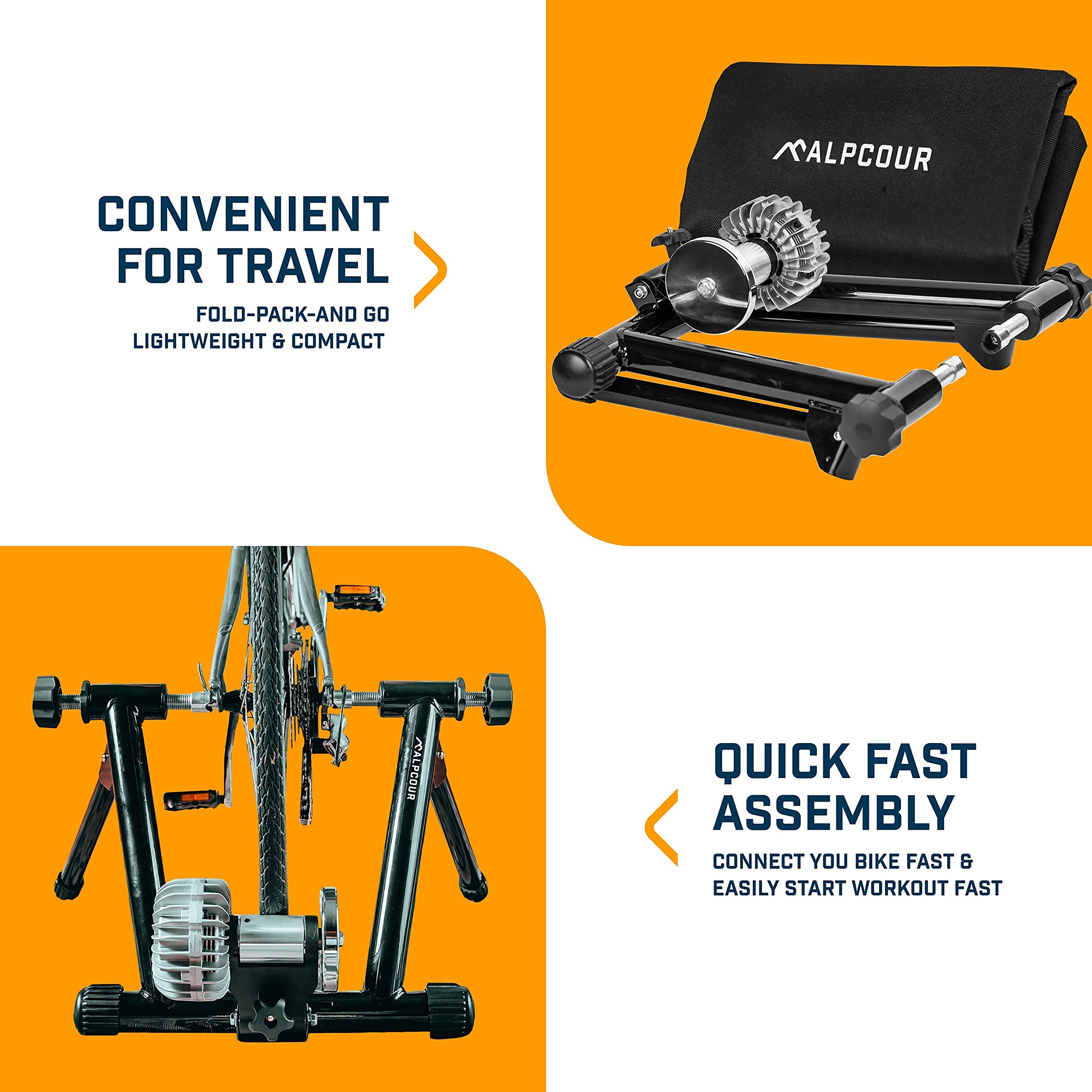 Alpcour Fluid Bike Trainer Stand for Indoor Cycling – Portable Stainless Steel Exercise Bike Stand with Noise Reduction & Progressive Resistance, Dual-Lock System – 36”x78” Multipurpose Bike Trainer Mat for Home Gym, Winter Training & Zwift Workouts
