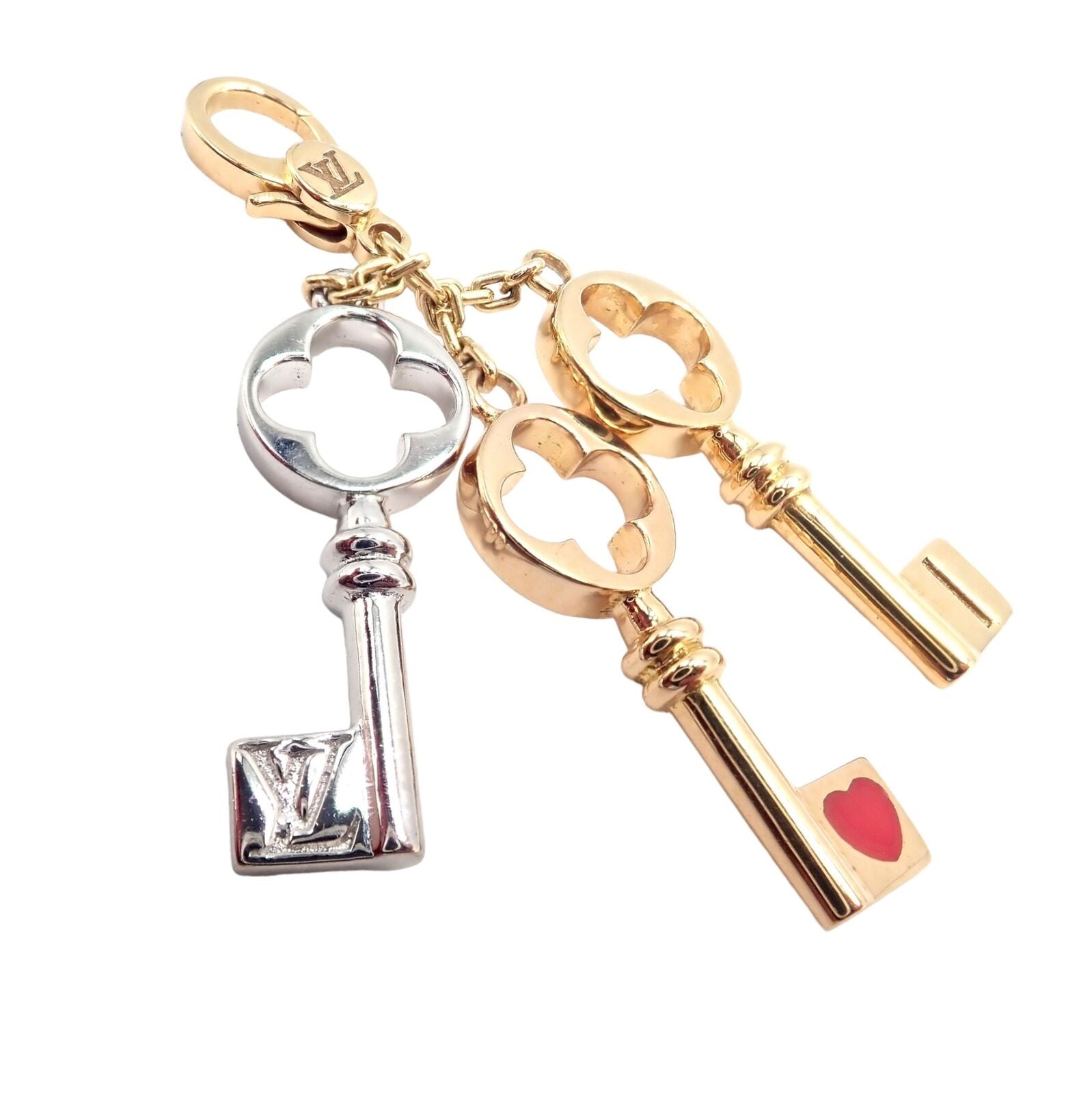 Authentic Louis Vuitton LV 18k Tri-Color Gold Enamel Heart Key Charm Pendant - Luxury Jewelry for Women, Gift for Her, Valentine's Day & Anniversary Present