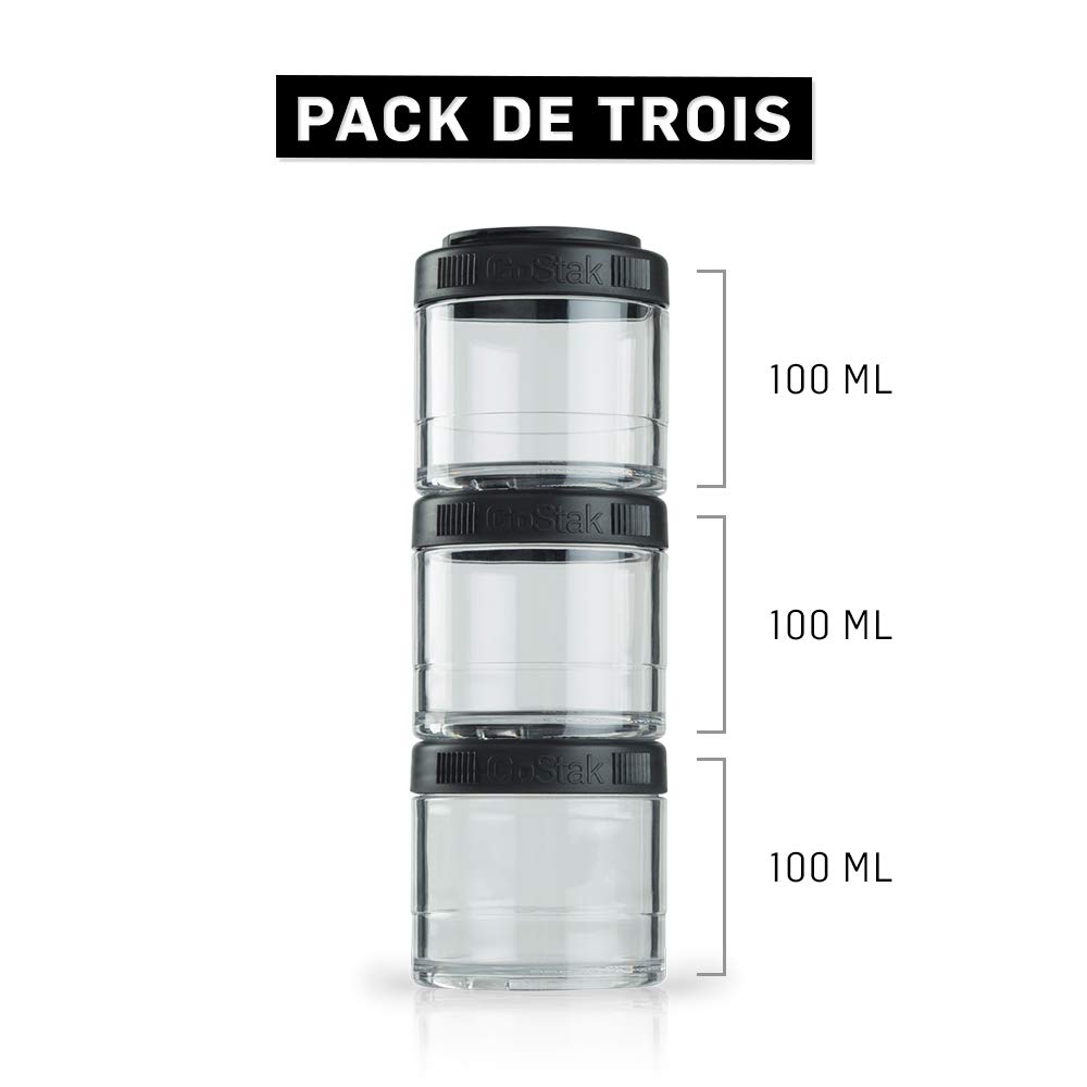 BlenderBottle GoStak 3-Pack 100cc Black Food Storage Containers for Protein Powder, Healthy Snacks & Portion Control | Meal Prep, Gym Essentials & On-the-Go Nutrition