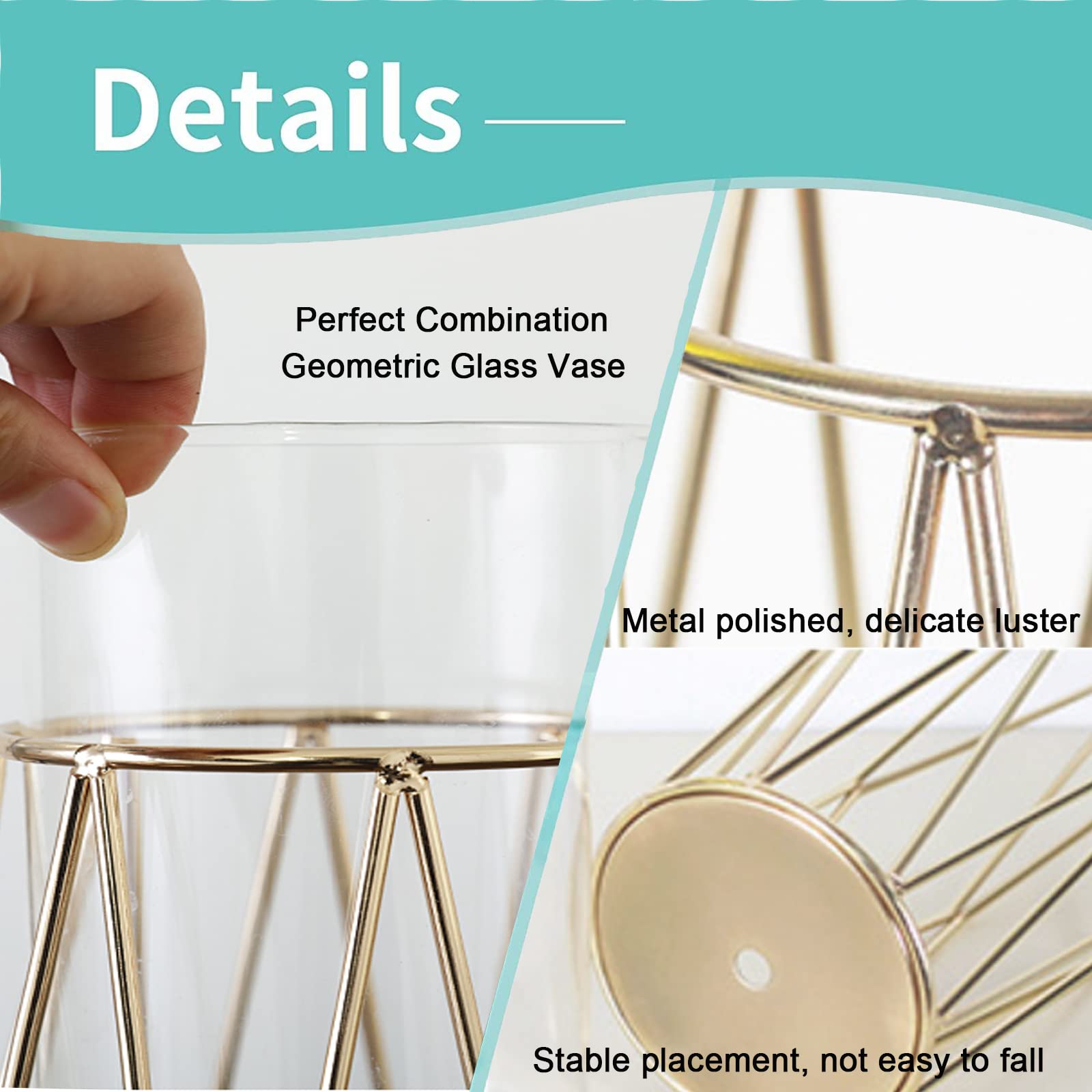 Elegant Gold Flower Vases with Geometric Metal Stand - Modern Centerpiece Terrarium Crystal Vase for Pampas Grass, Home Decor, Dining Table, Shelf Display & Wedding Decorations (10.6