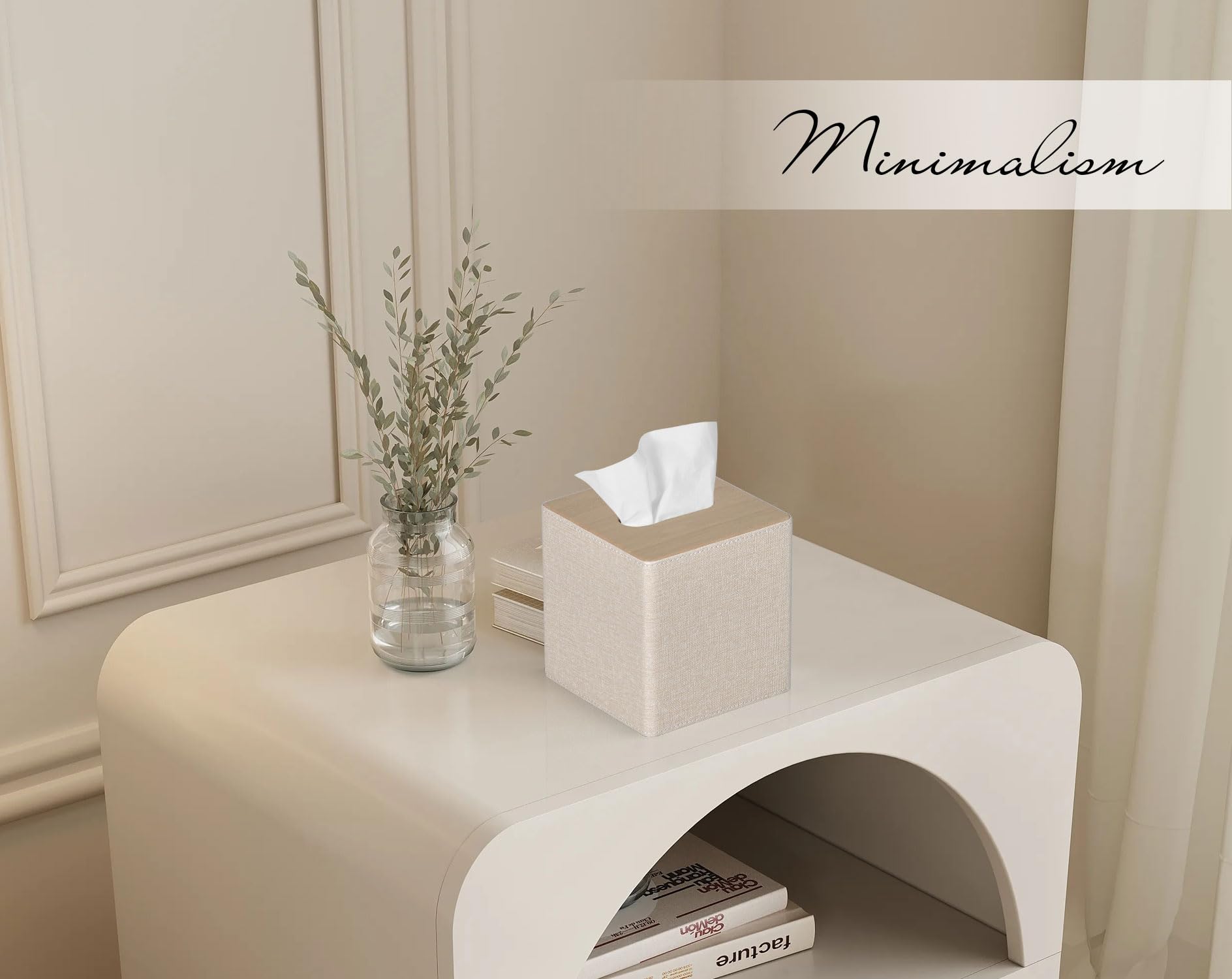 PU Leather Square Tissue Box Cover - Beige Facial Tissue Holder for Dresser, Bathroom & Home Decor | Perfect for Living Room, Bedroom and Office Organization