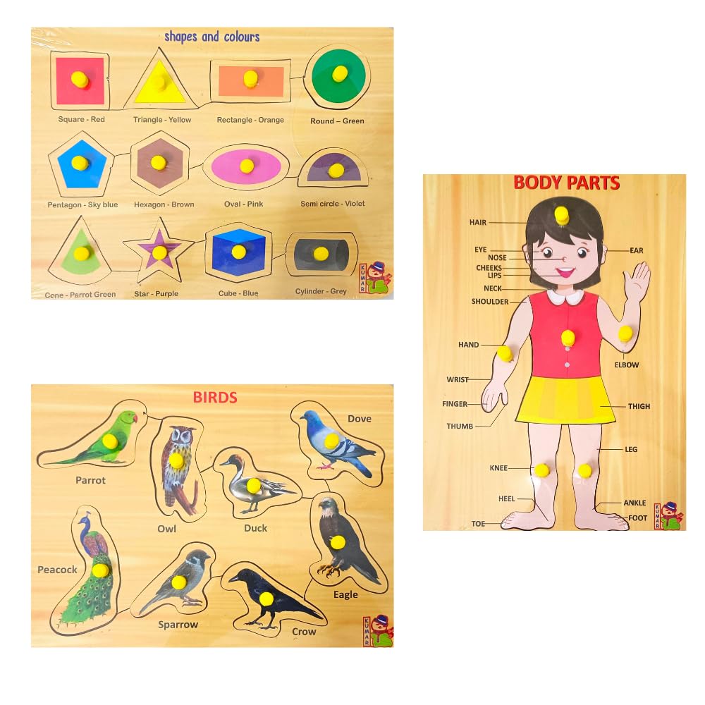 5-Piece Wooden Learning Puzzle Set for Kids & Adults - Number, Bird, Shape, Alphabet & Body Part Educational Toys | Montessori & Homeschooling STEM Activities for Toddlers 3+ Years