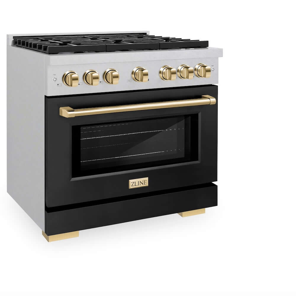ZLINE Autograph Edition 36-inch 5.2 cu. ft. Paramount Gas Range - 6 Burner Cooktop & Convection Gas Oven - Satin Stainless Steel with Black Matte Door & Polished Gold Accents (SGRSZ BLM 36 G) - Perfect for Professional Home Chefs & Modern Kitchens