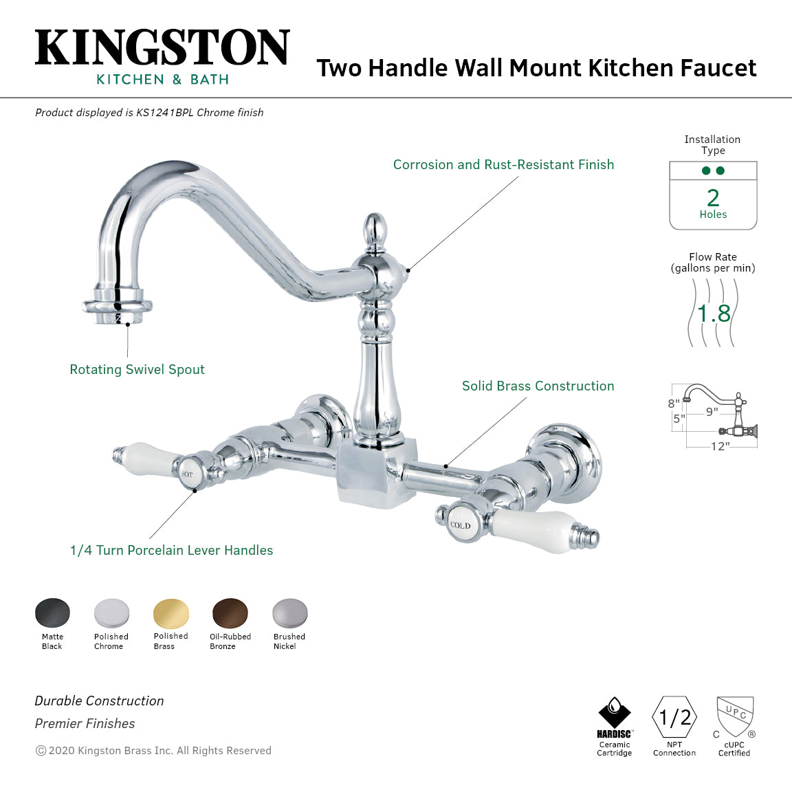 Bel Air KS1240BPL Matte Black Double Handle Wall Mount Bridge Kitchen Faucet - Modern Farmhouse Sink Faucet for Kitchen & Utility Room