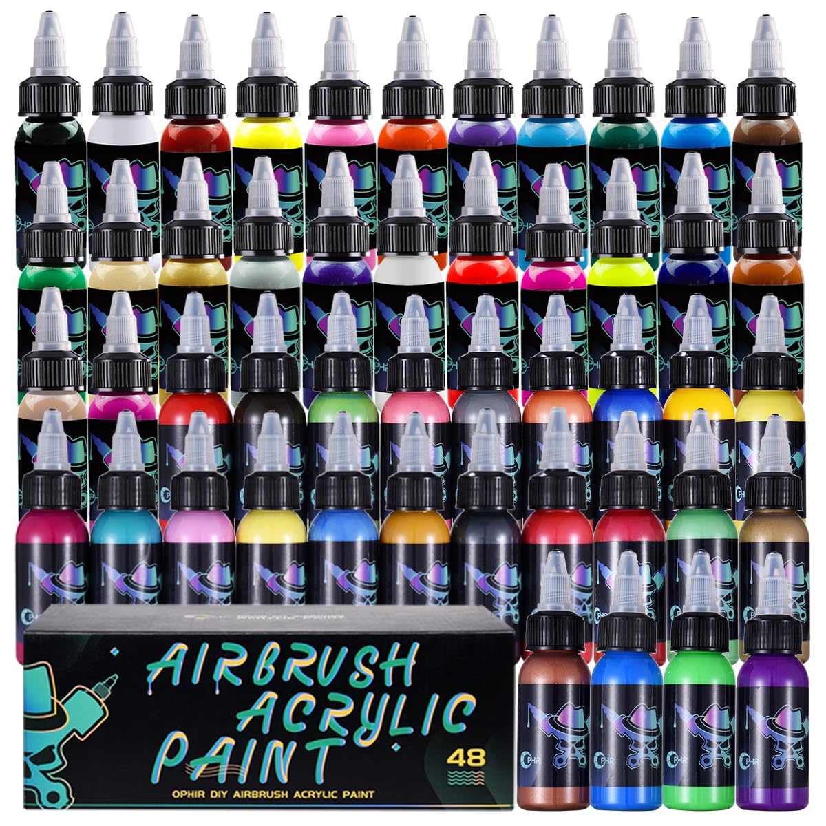 OPHIR Airbrush Paint Set - 50 Bottles (1.05 oz Each) of Water-Based Opaque Acrylic Model Paint for Airbrushing | 48 Vibrant Colors for Shoes, Rocks, Paper Crafts | Professional Quality for Artists, Hobbyists & DIY Projects | Perfect for Custom Sneakers, Rock Painting & Crafting
