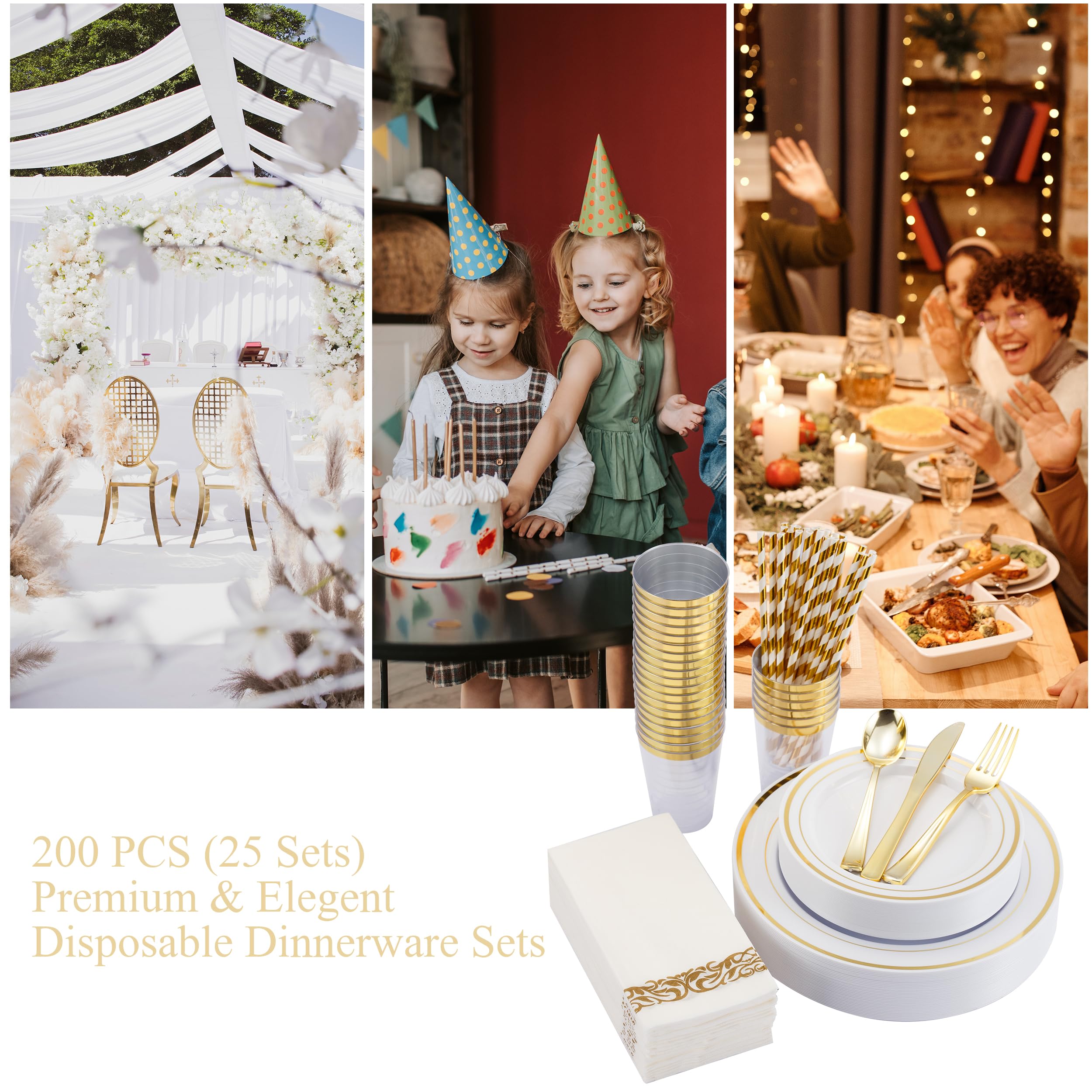 200-Piece Gold Dinnerware Set for 25 Guests - Heavy Duty Gold Rimmed White Plastic Disposable Plates, Cups, Silverware, Napkins & Straws - Elegant Wedding, Party & Event Tableware for Celebrations