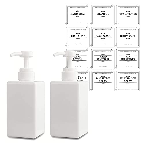 15 oz Plastic Hand Soap Dispenser with Pump - 24 Pack Waterproof Label Stickers for Refillable Soap Bottles - Perfect for Home, Kitchen, Bathroom & Office Use