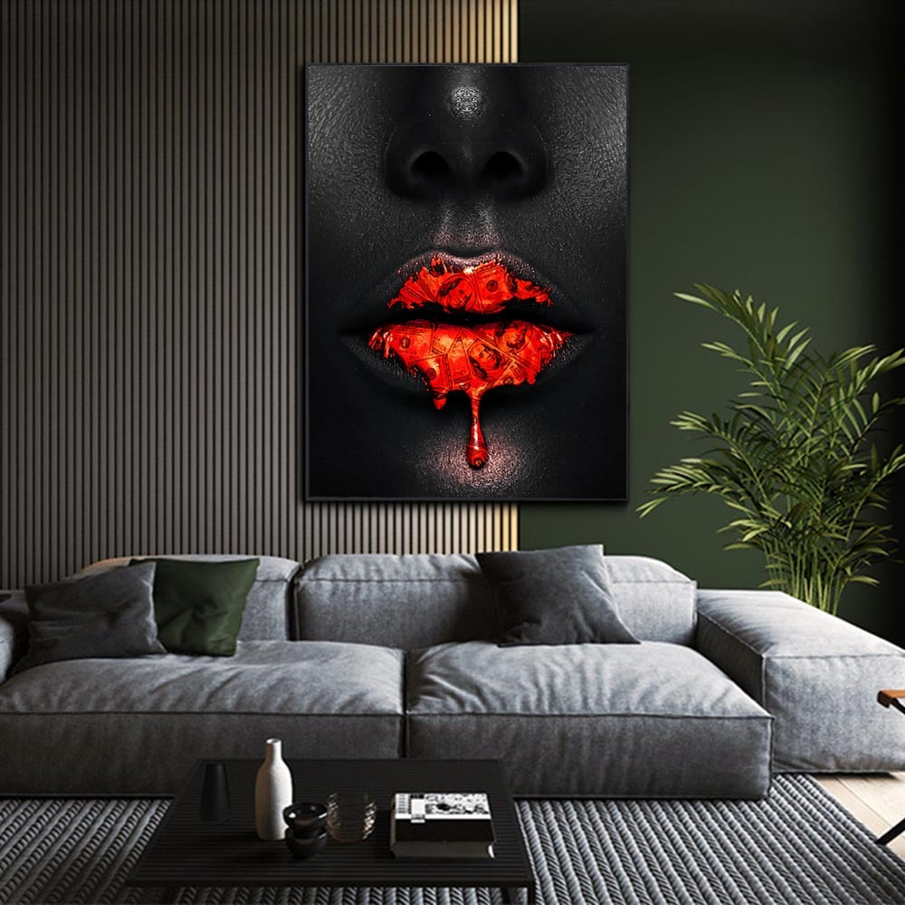 Black Women Red Lips Art - Dripping & Seductive Canvas Wall Decor - Perfect for Living Room, Bedroom & Office Aesthetic
