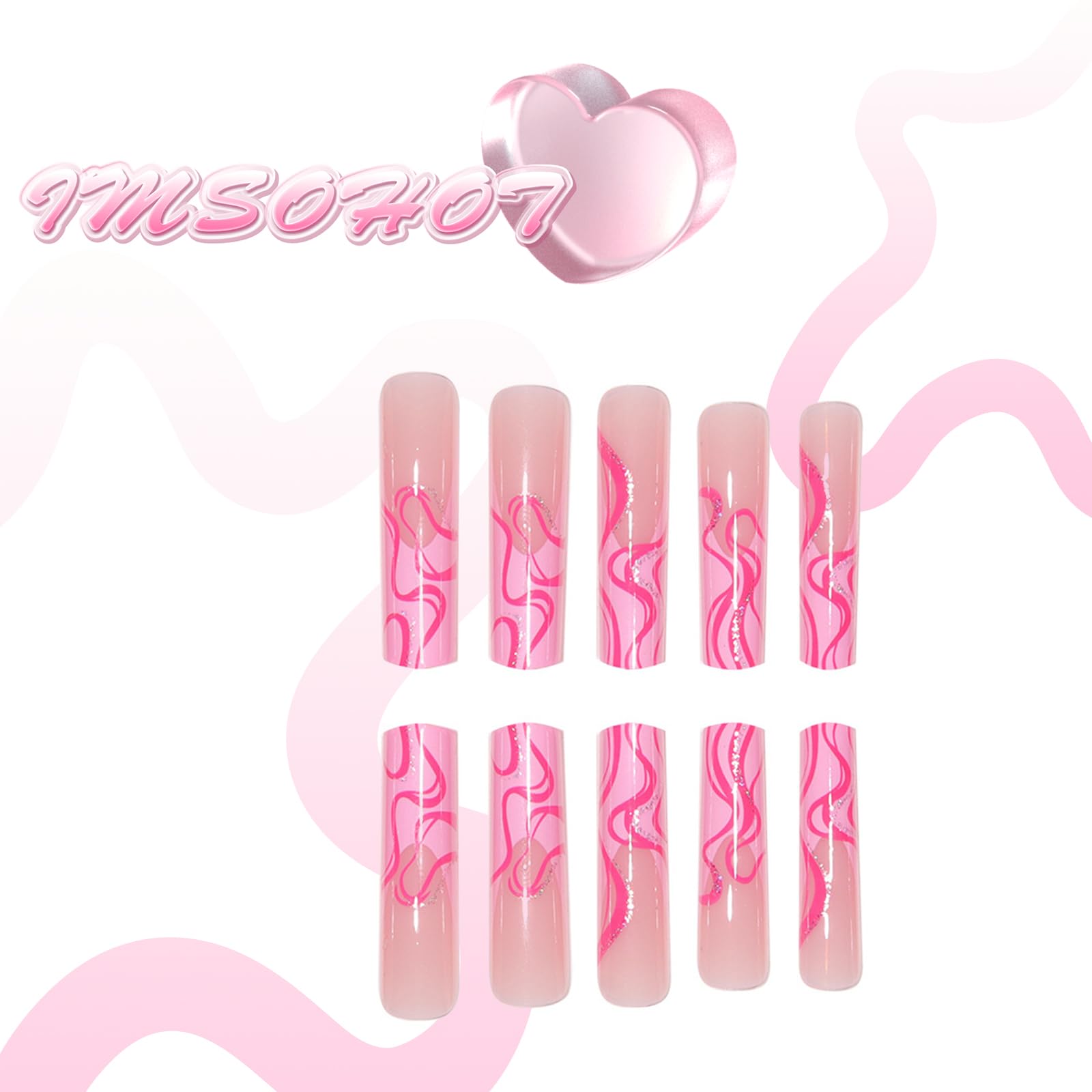 Valentine's Day Press on Nails - Extra Long Square French Tips with Glitter Pink Wave Designs | Glossy Squoval Fake Nails for Women | Full Cover Gel Glue on Nails | Perfect for Date Night, Parties & Special Occasions