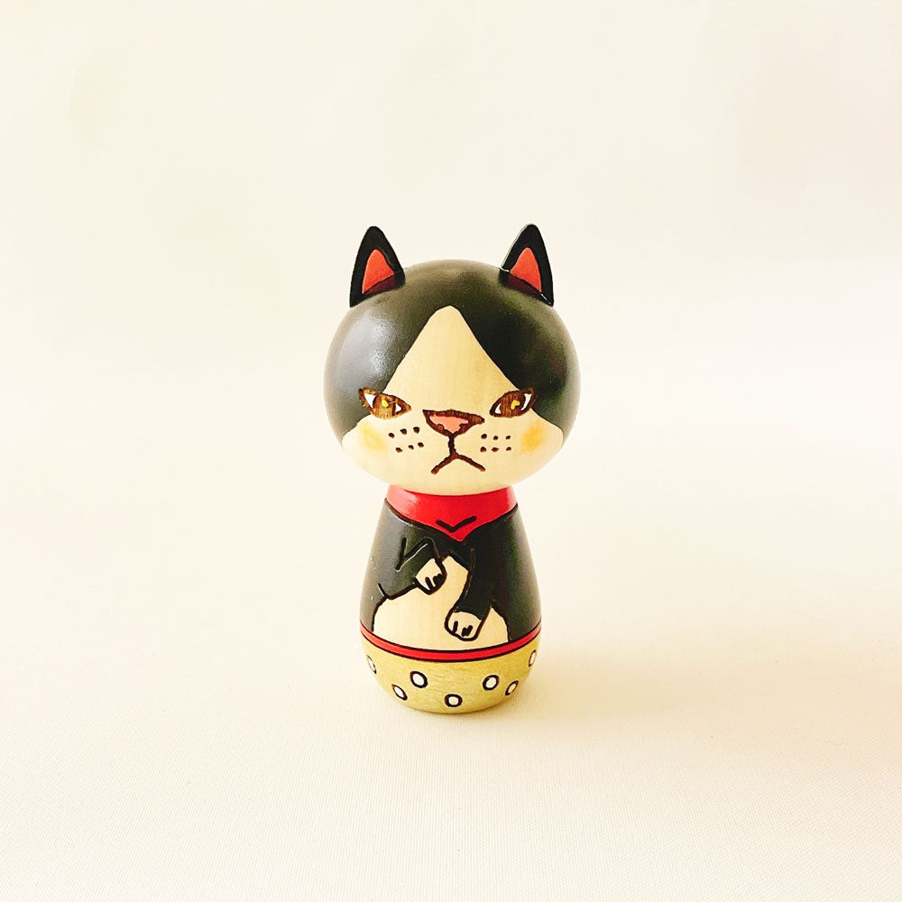 Japanese Kokeshi Doll - Handmade Black Cat Wooden Figurine | Traditional Home Decor, Gift for Cat Lovers, Zen & Japandi Style Interior Accent