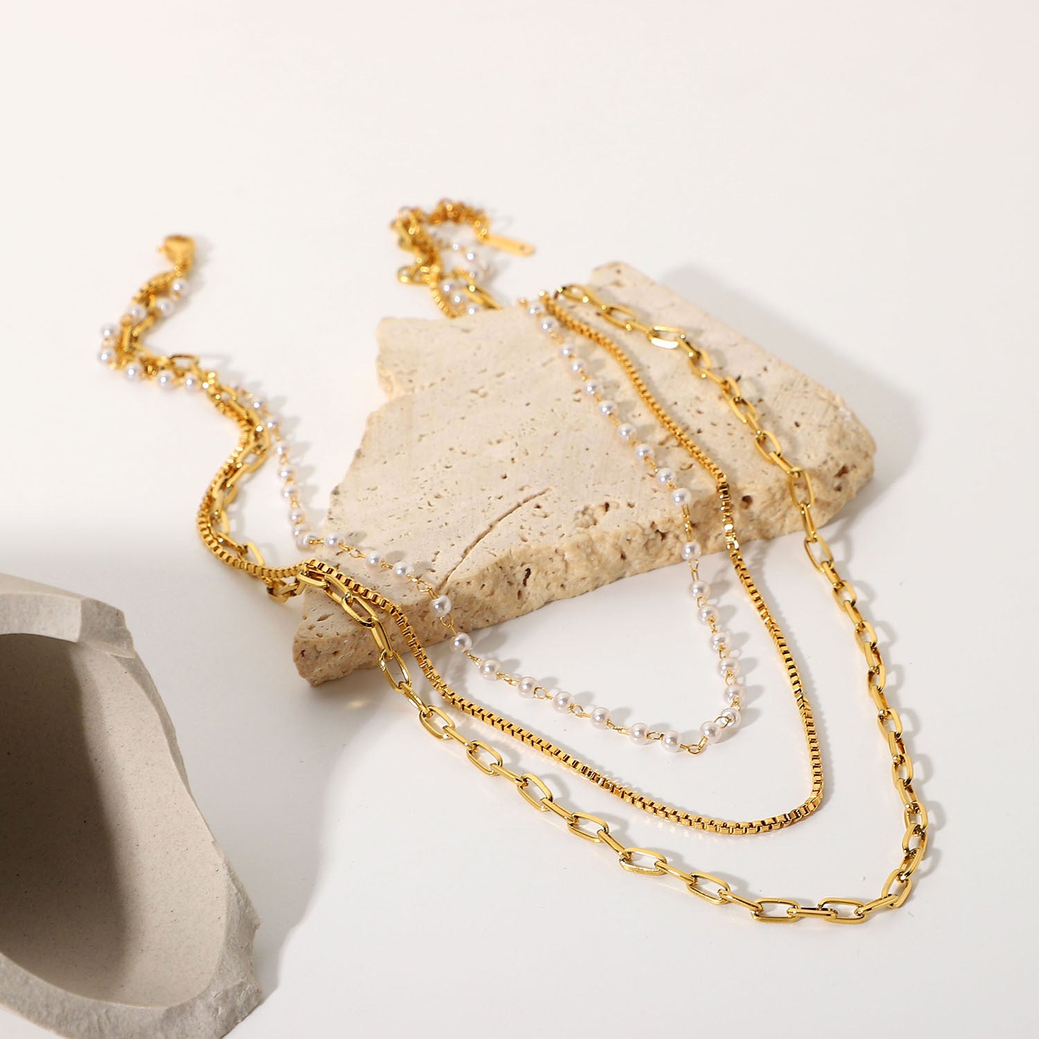 18K Gold Multi Layer Box Chain Necklace with Pearl Beads - Elegant Layered Jewelry for Women | Perfect for Weddings, Parties & Special Occasions | JDN20667