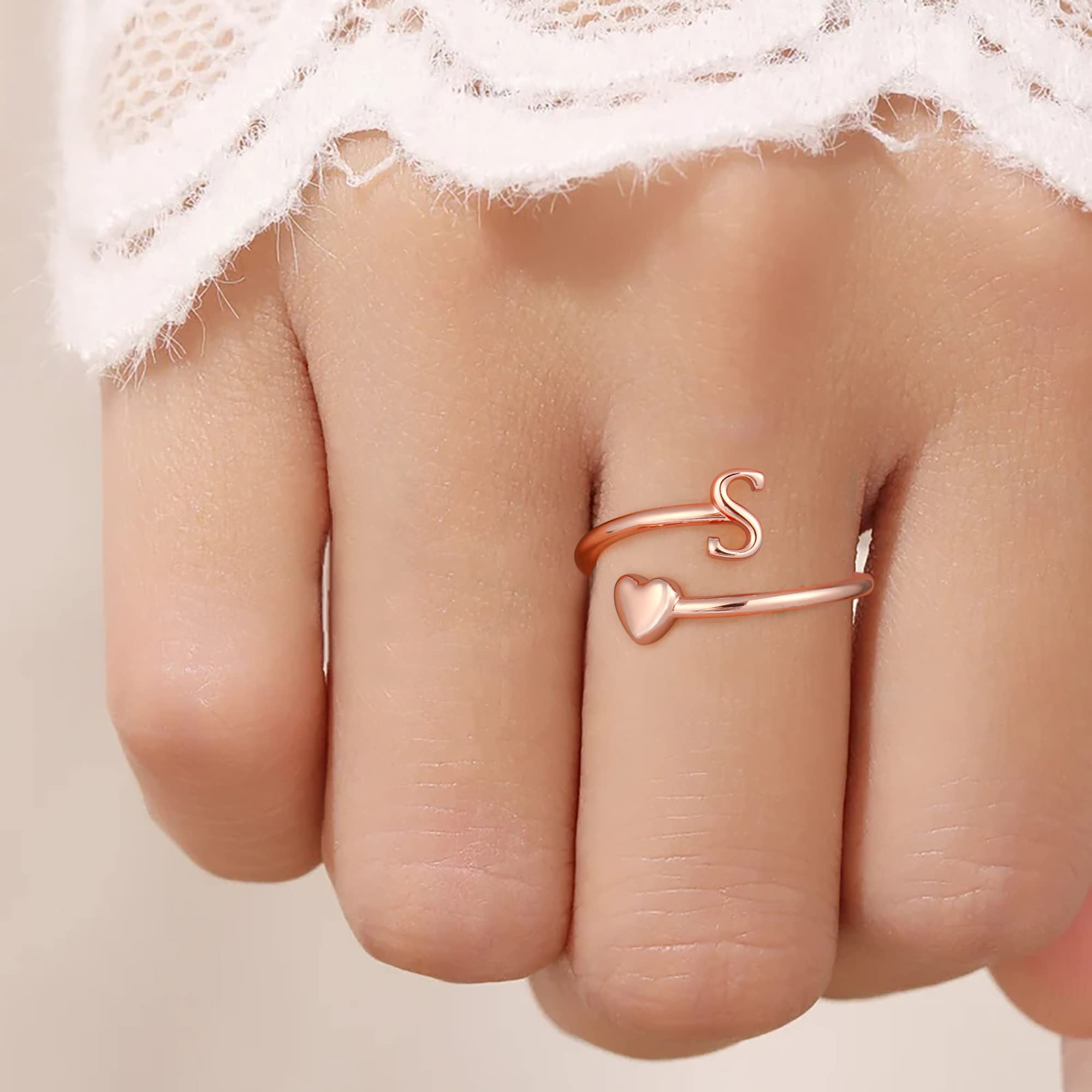Heart Initial Rings for Women & Teen Girls - Adjustable Stackable Cute Heart Letter Rings - Perfect for Valentine's Day Gifts, Birthday Presents & Everyday Fashion Jewelry