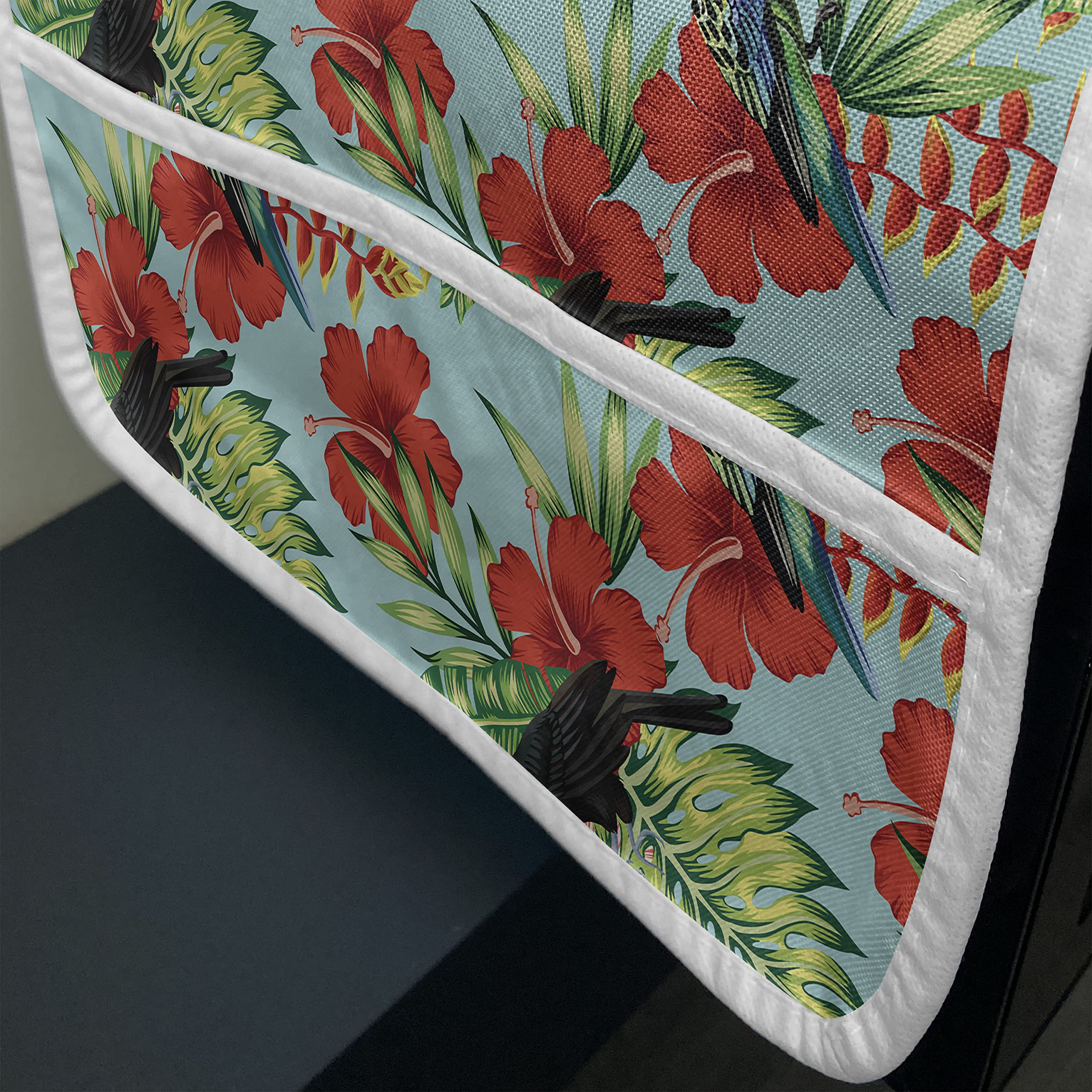 Ambesonne Exotic Microwave Cover - Tropical Hibiscus Flowers, Leaves with Parrot & Toucan Design - Waterproof Kitchen Organizer with Pockets - 36