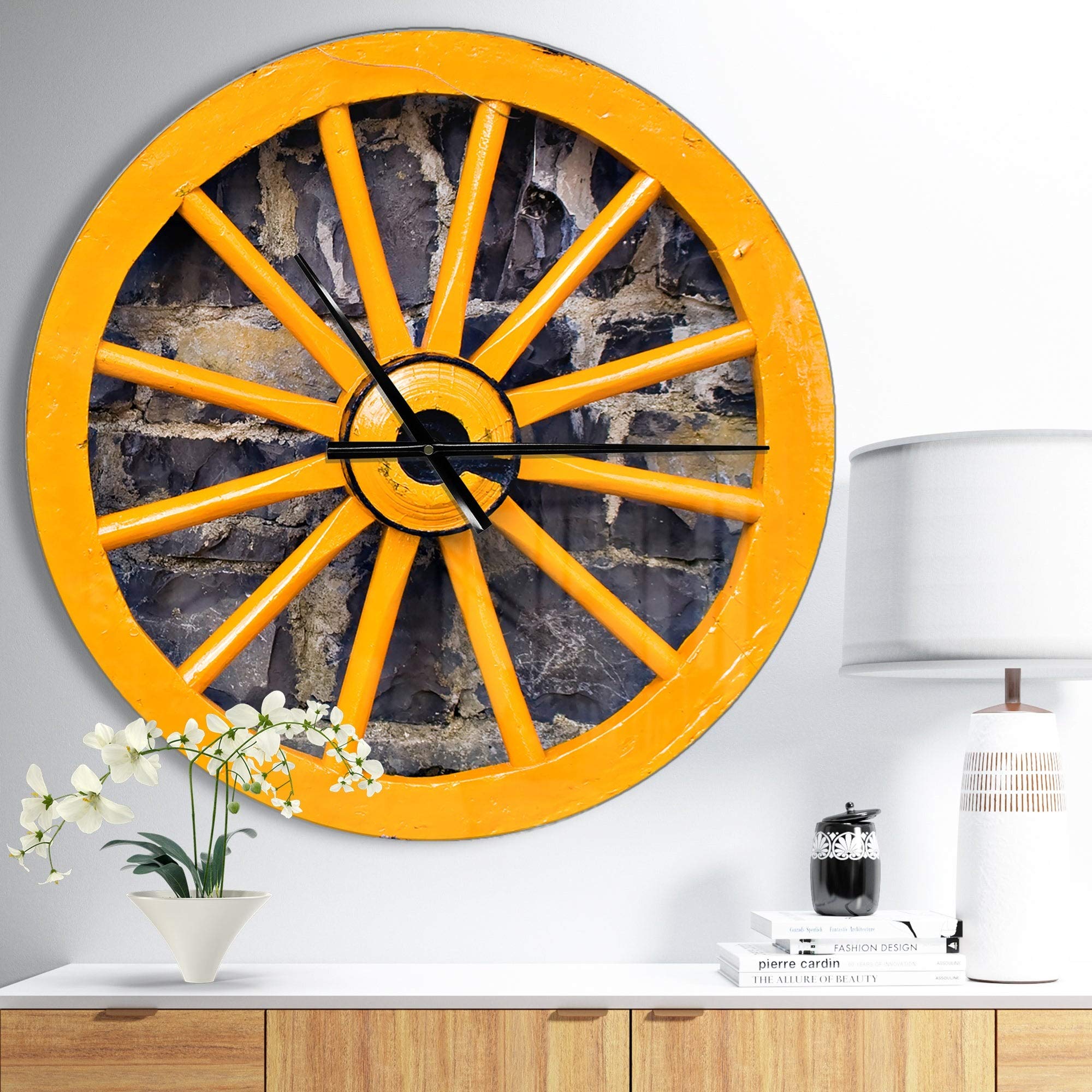Designart Yellow Wooden Wagon Wheel Country Oversized Farmhouse Wall Clock - 29 Inch Rustic Decor for Living Room, Kitchen & Country Home