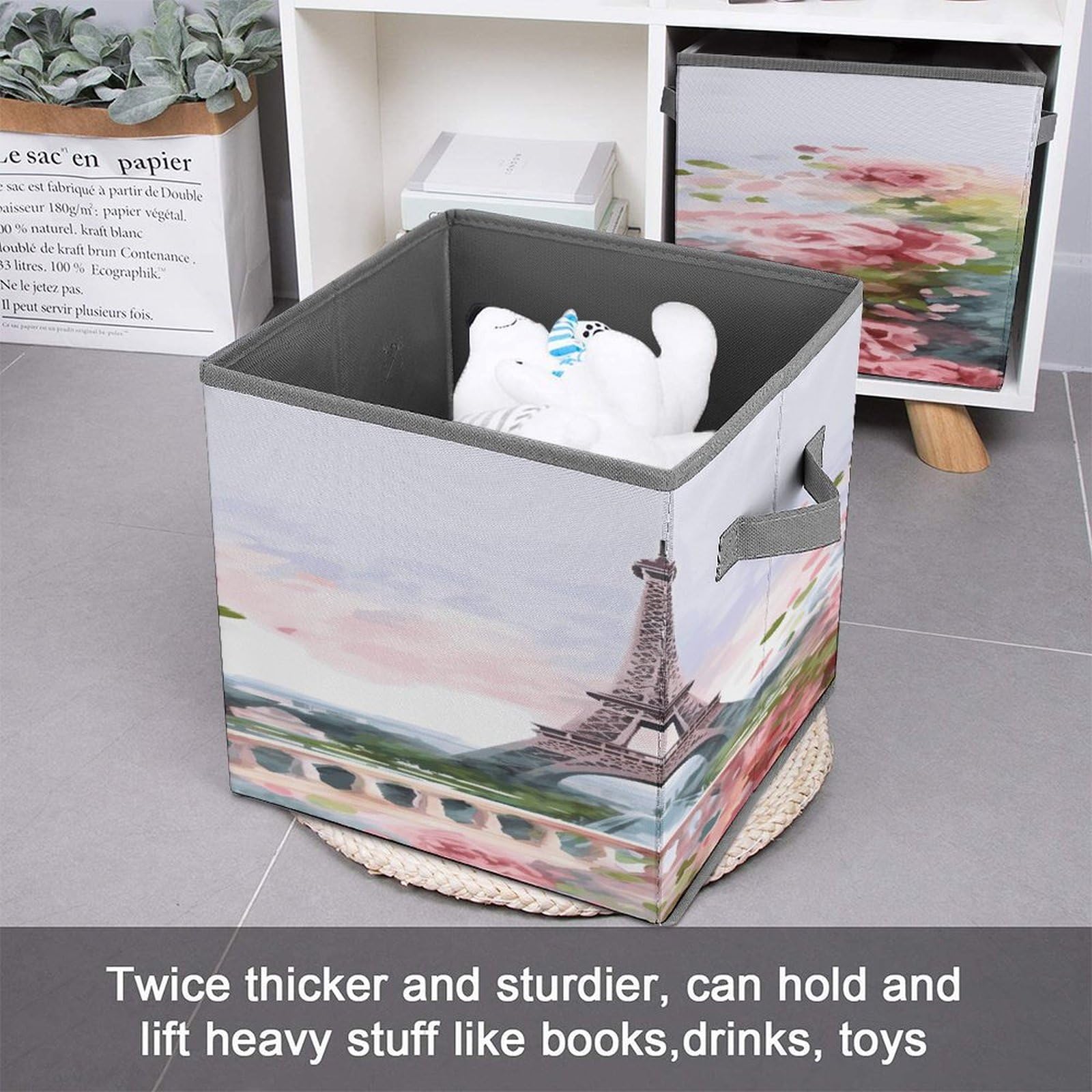 Collapsible Storage Cubes with Paris Eiffel Tower & Flowers Print - 10.6×10.6 Inch Foldable Fabric Bins with Handles for Home Organization - Perfect for Closet, Nursery, Office & Laundry Room Storage