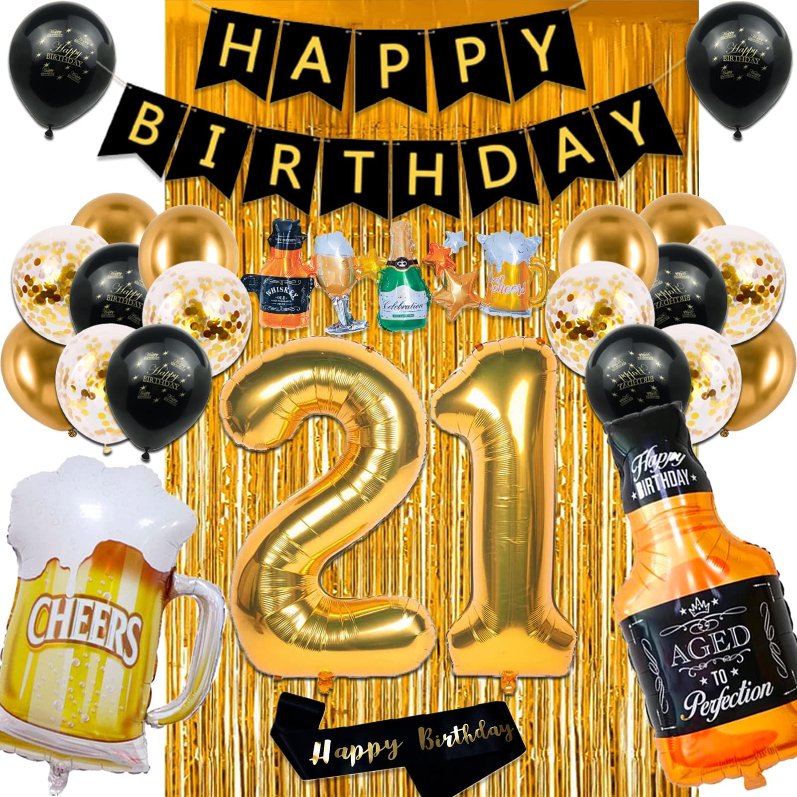 21st Birthday Party Decorations for Him & Her - Black & Gold Balloons, Banner, Fringe Curtain & Confetti Set - Perfect for 21st Birthday Celebrations, Milestone Parties & Adult Birthday Decor