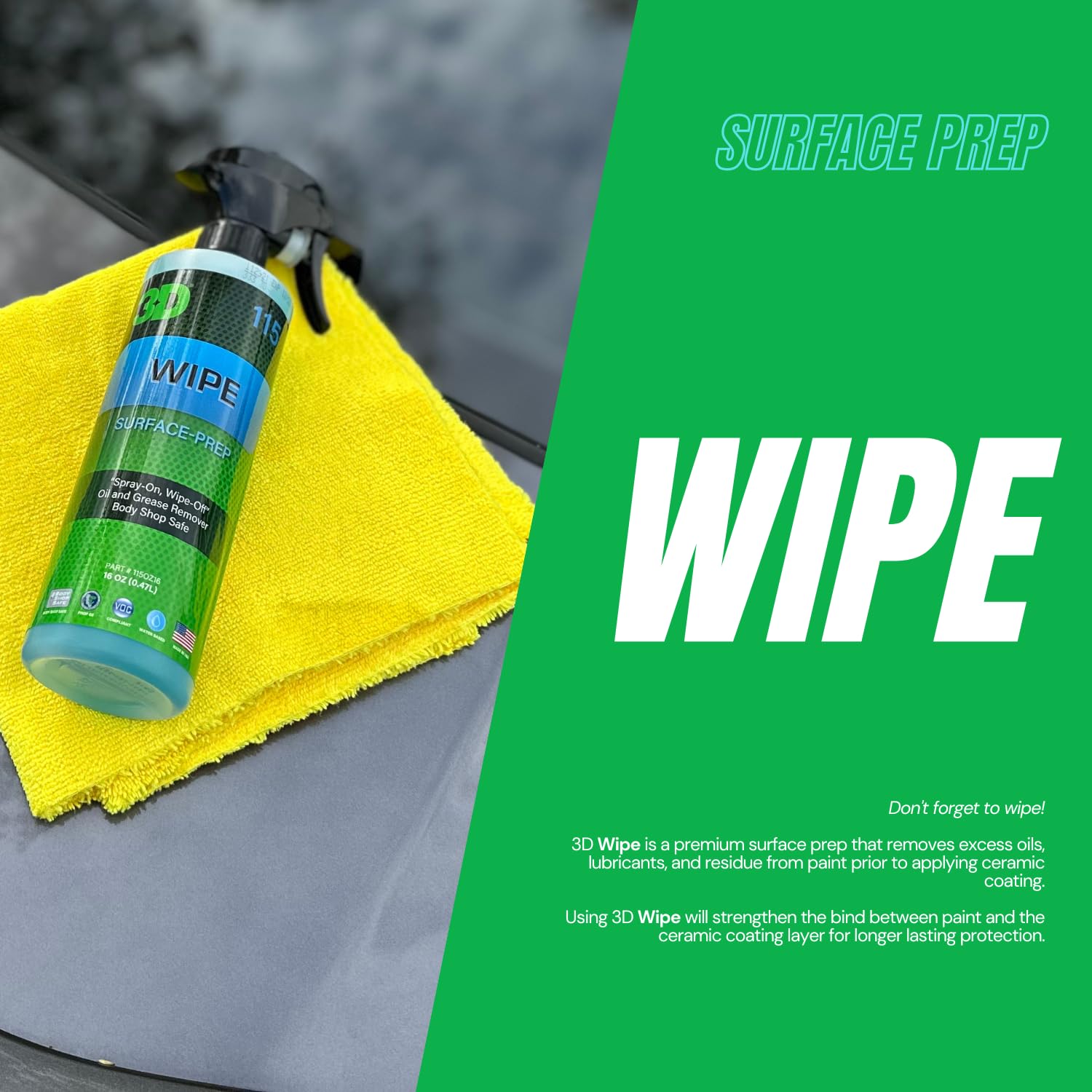 3D Wipe Ceramic Coating Surface Prep - Removes Oils & Lubricants from Paint & Glass Before Ceramic Coating - 1 Gallon for Car Detailing & Auto Paint Protection
