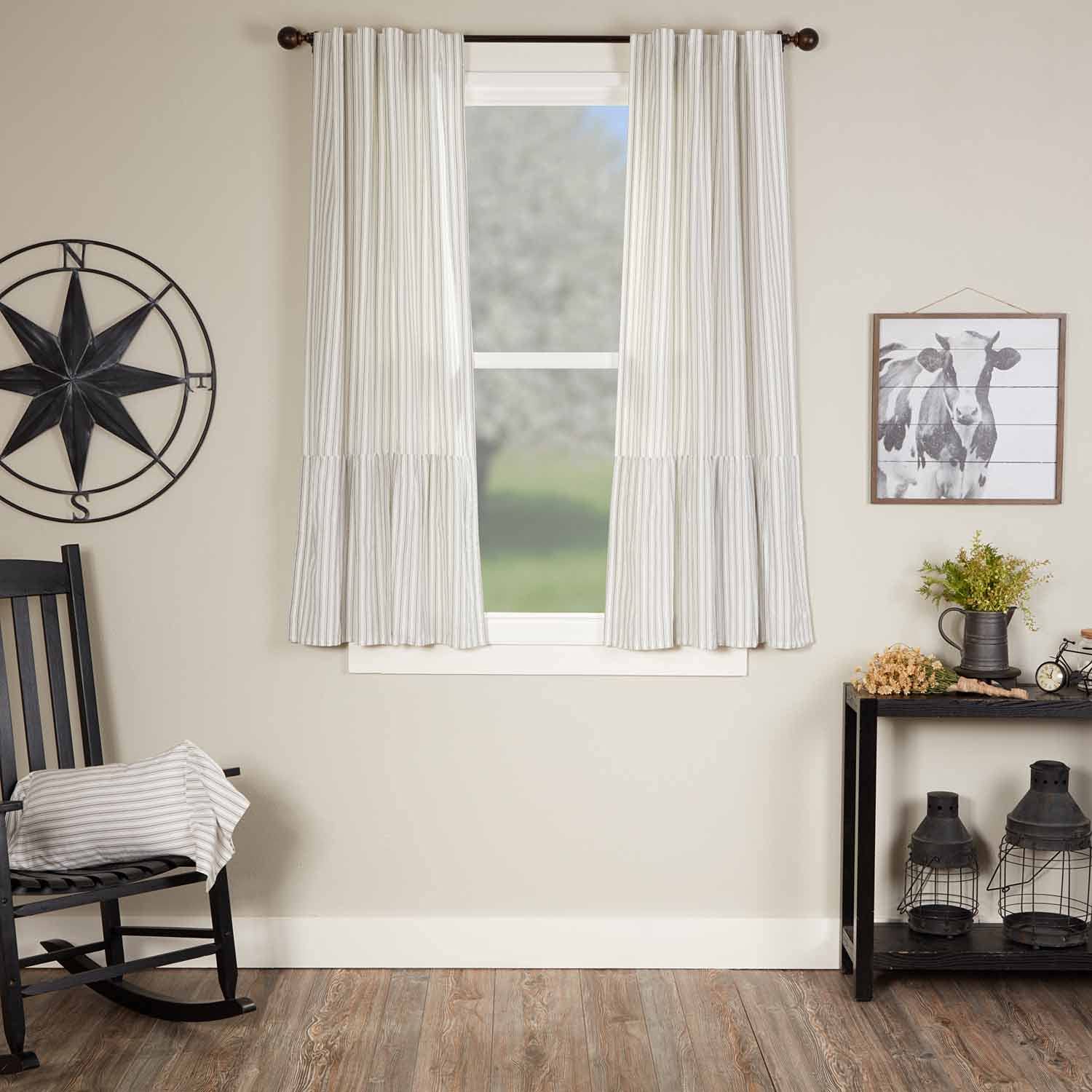 Timeless Ticking Ruffled Panel Curtains Set of 2 - 63 Inch Long Soft White & Gray Striped Farmhouse Drapes for Living Room, Bedroom & Dining Room