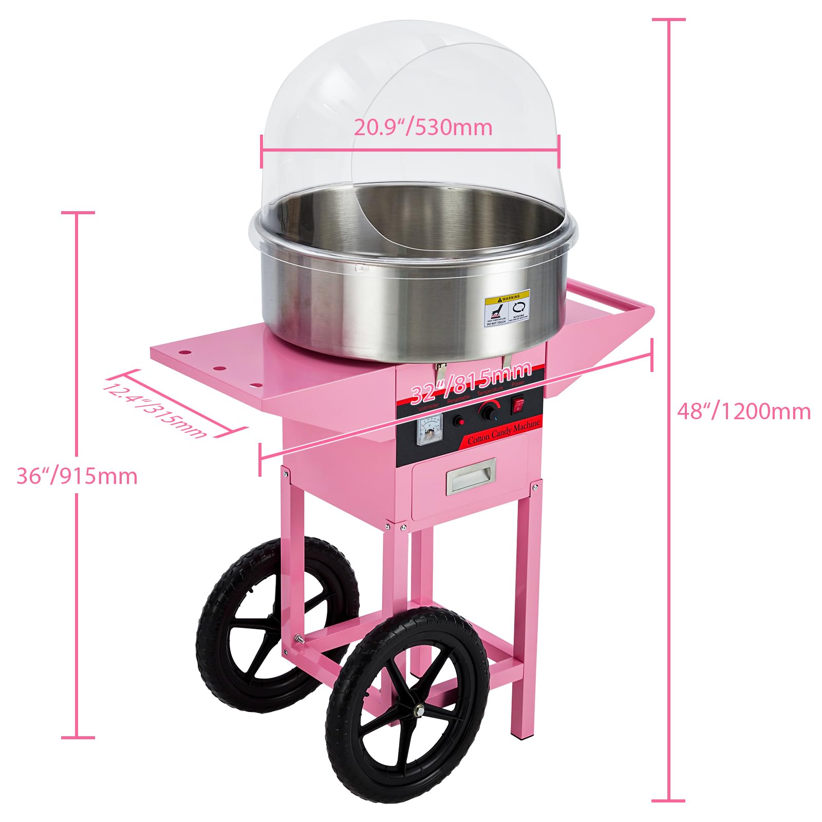 Pink Commercial Cotton Candy Machine with Cart - Stainless Steel Bowl, Sugar Scoop & Drawer for Parties, Carnivals, Fairs & Home Use - Family Fun Cotton Candy Maker (No Lid)