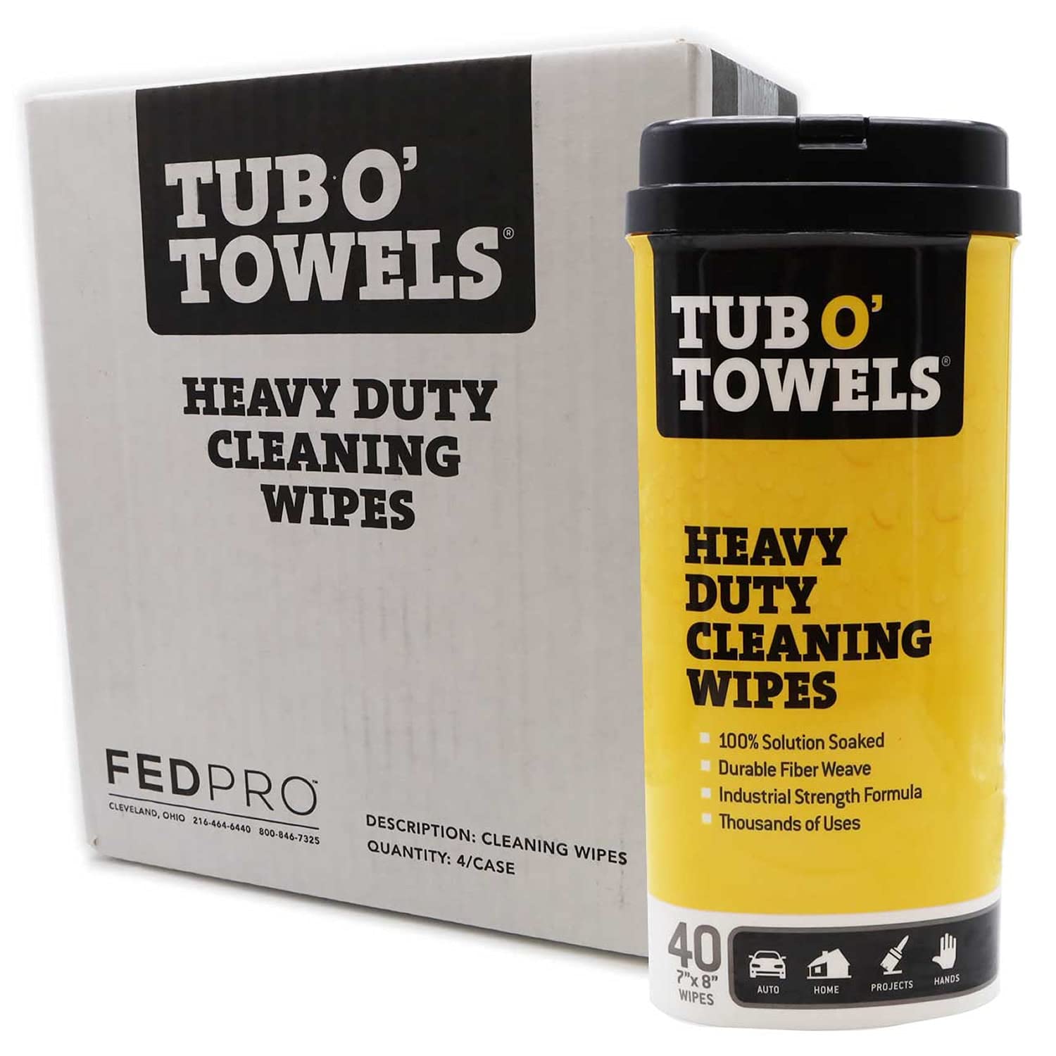 Tub O' Towels Heavy-Duty Multi-Surface Cleaning Wipes - 7x8 Inch Disposable White Wipes (40 Count Canister, 4-Pack) - Removes Grease, Grime & Tough Stains - Ideal for Home, Garage, Outdoor & Workshop Cleaning Tasks