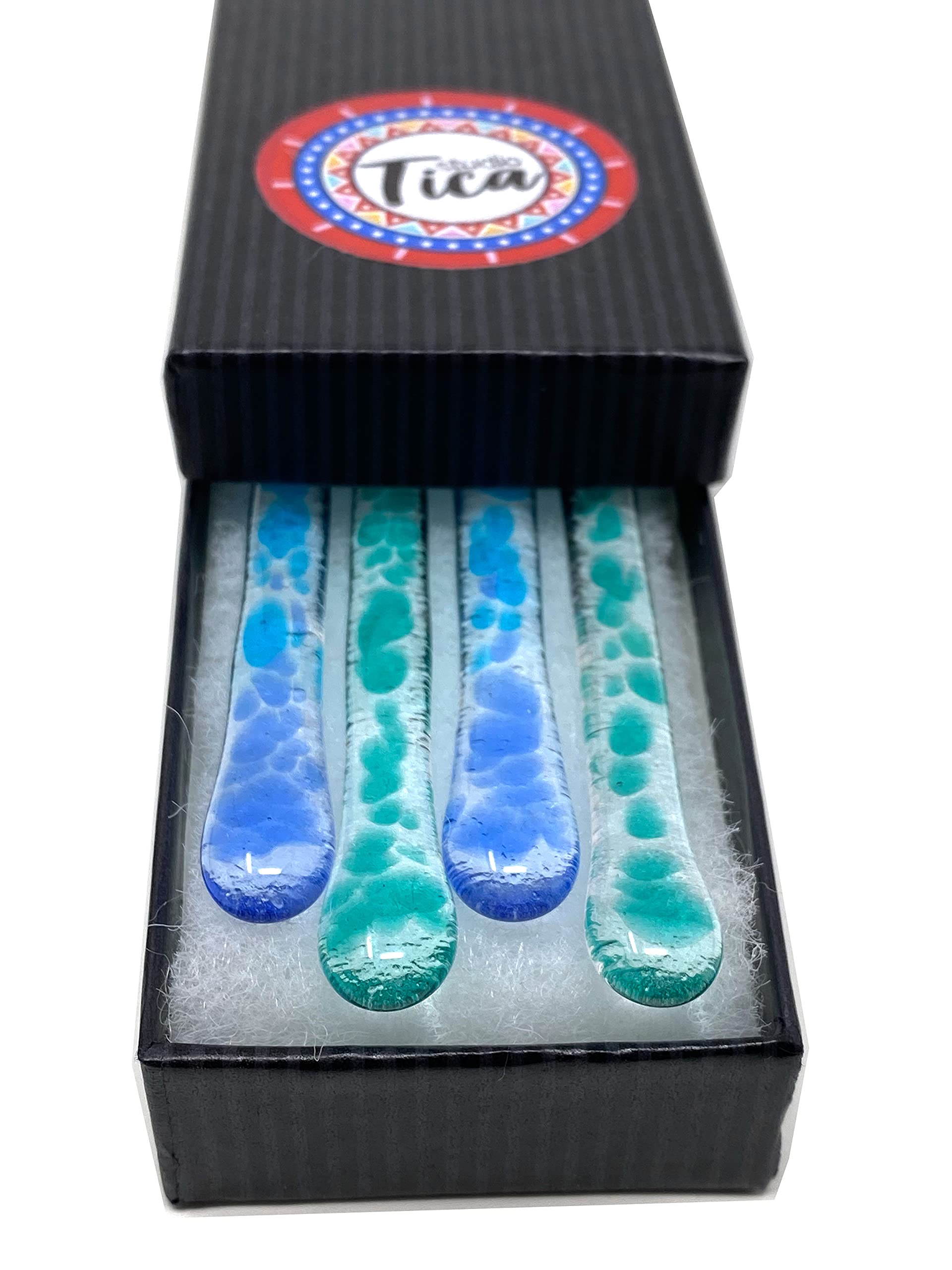 Handmade Costa Rican Sea Glass Stirrer Sticks - Set of 4 (7.25 Inch) - Perfect for Cocktails, Coffee, Tea & Hot Chocolate - Gift Box Included - Ideal for Bars, Cafes, Home Use & Party Favors