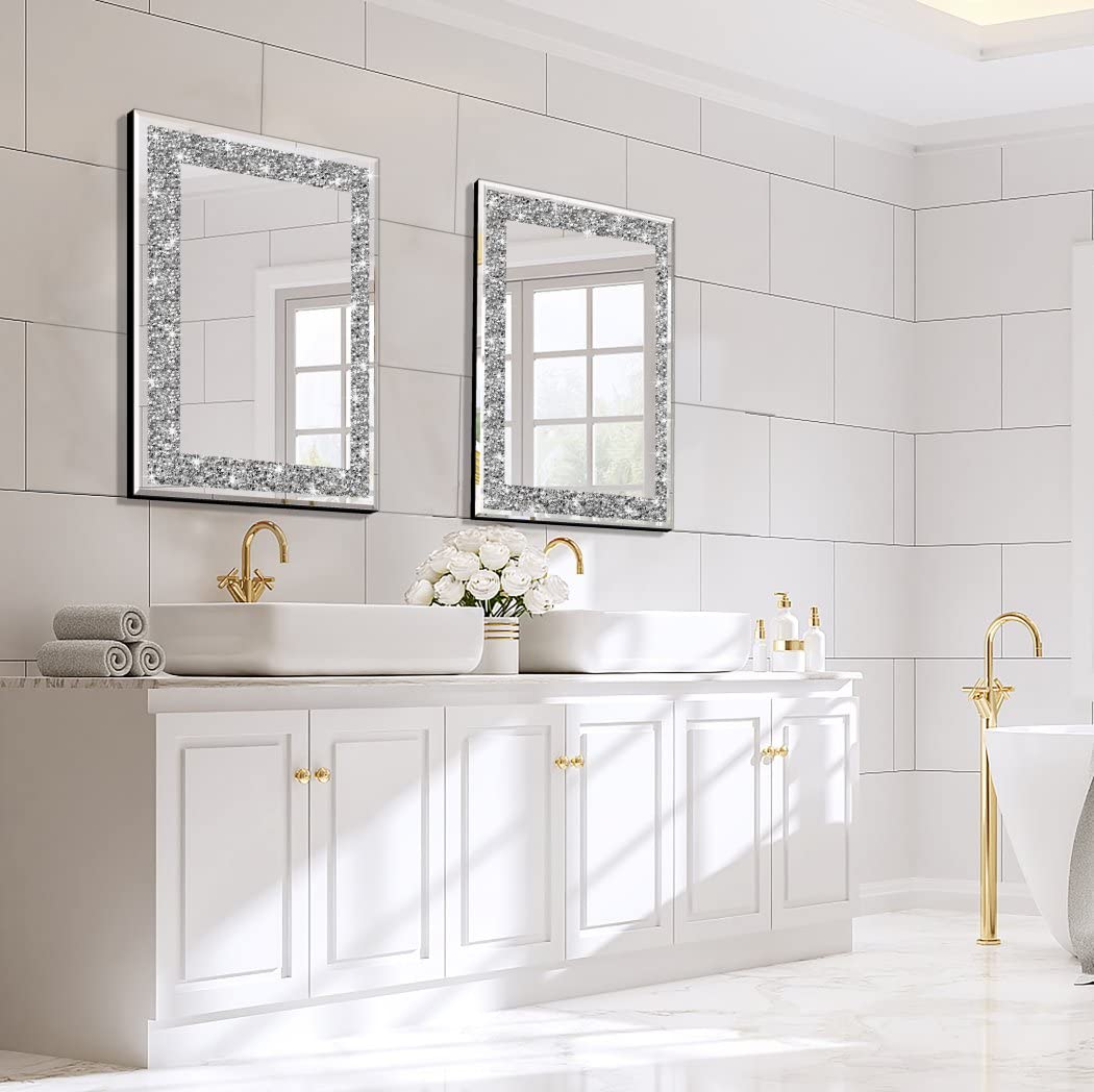 16x20 Inch Silver Crystal Crush Diamond Wall Mirror - Frameless Rectangle Decorative Mirror for Bedroom, Living Room & Bathroom - Sparkling Home Décor with Diamond Accents