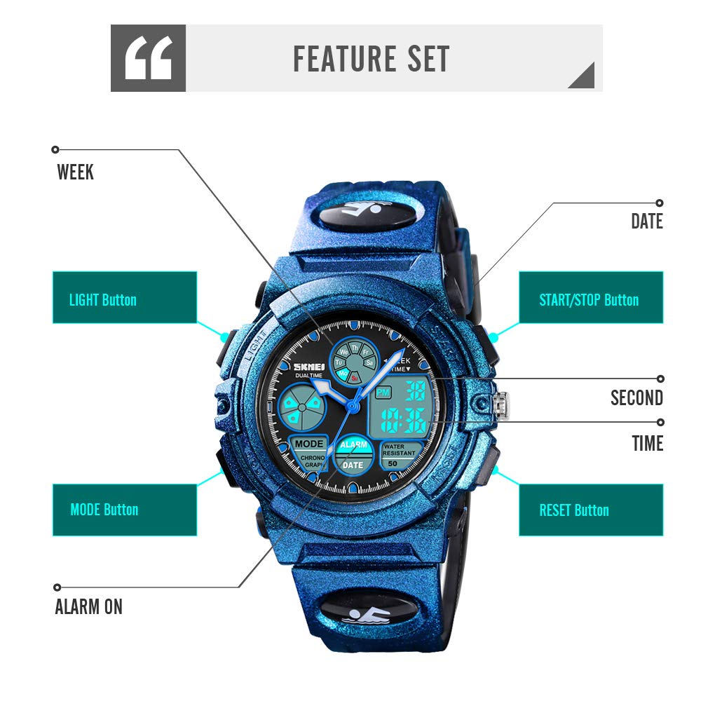 Boys Digital Sports Watch - 50M Waterproof Electronic Watch with LED Display - Blue - Perfect for Outdoor Activities, Swimming & School