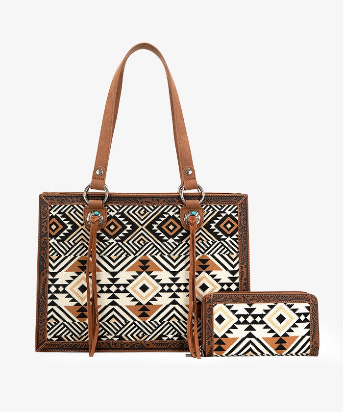 Montana West Southwestern Tooled Leather Tote Bag Set - Stylish Cowgirl Handbag for Women, Western Boho Purse for Work, Travel & Shopping