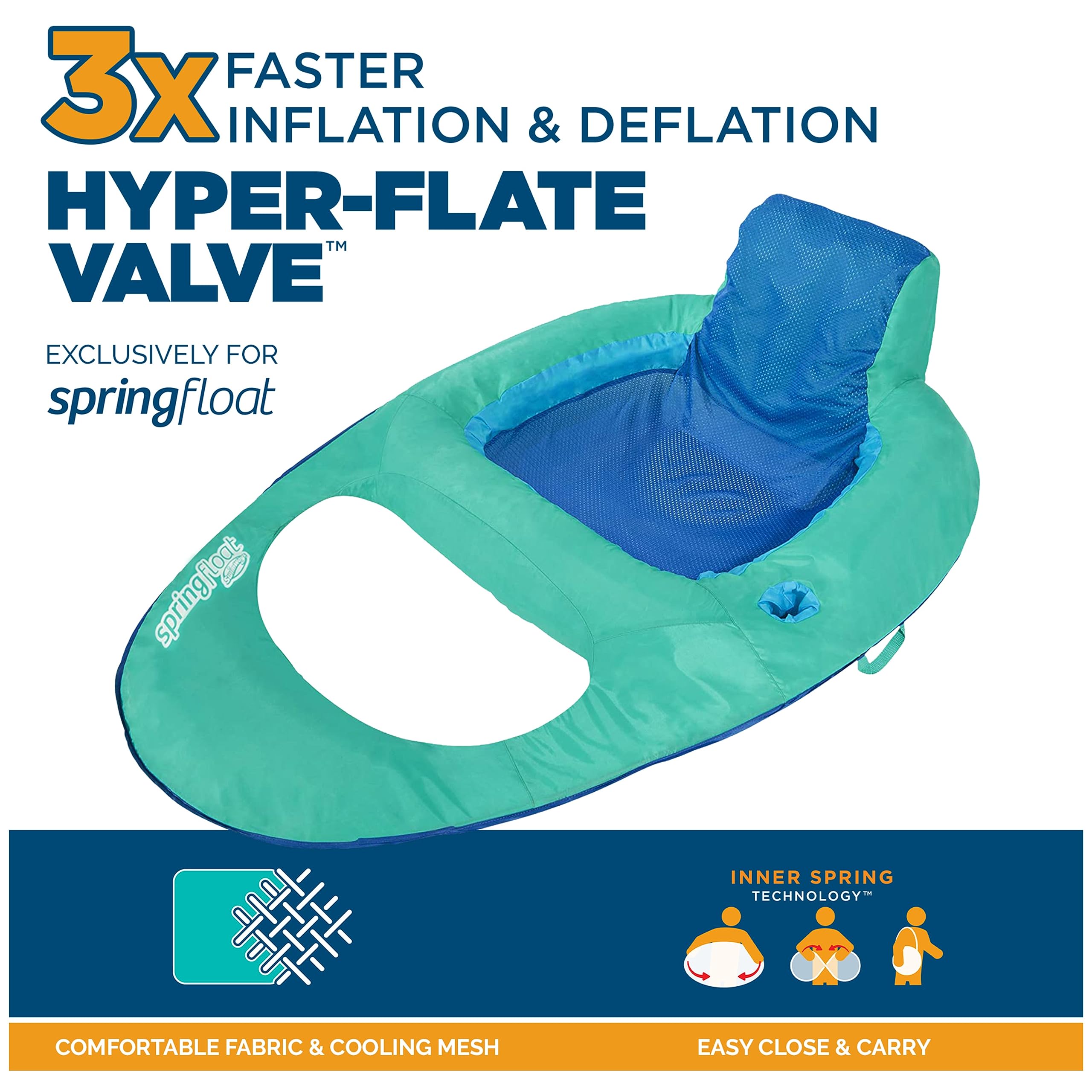 SwimWays Spring Float Reclining Pool Lounge Chair - Quick Inflatable Floating Lounger for Adults with Cup Holder & Footrest - Ages 15+ (Aquamarine) - Perfect for Relaxing by the Pool, Lake or Beach