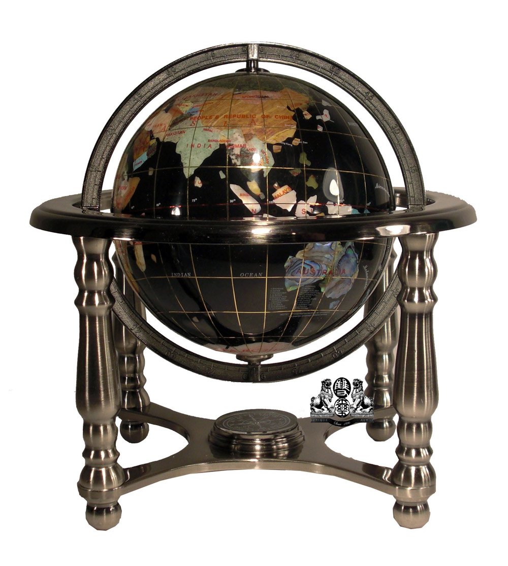 10-Inch Black Onyx Ocean Gemstone World Globe with Silver Stand - Unique Handcrafted Art Piece for Home Decor, Office Display & Gift Giving