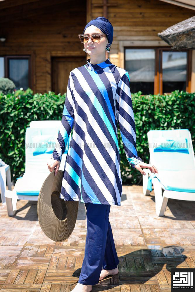 Stylish Striped Navy Blue Burkini Swimwear - Modest Islamic Swimsuits for Women - Perfect for Beach, Pool & Water Sports