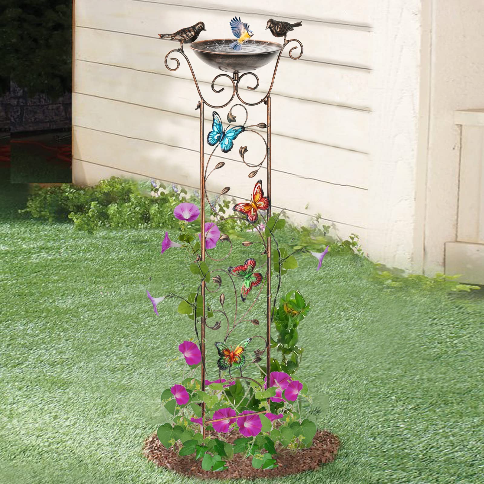 Antique Iron Garden Trellis with Detachable Bird Bath - Decorative Butterfly Design for Climbing Plants, Outdoor Metal Flower Support | Perfect for Patio, Backyard Decor & Vine Plant Growth