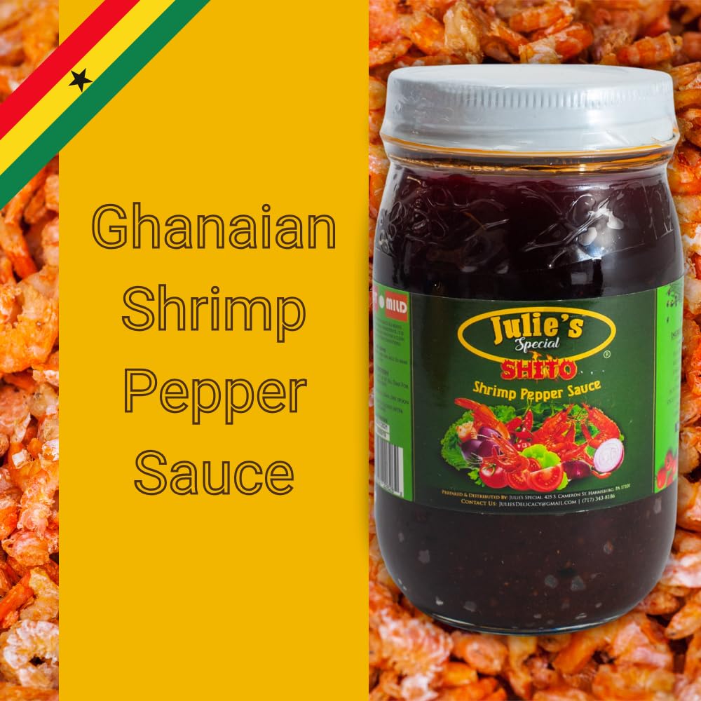 Premium Ghanaian Shito Sauce - Julie's Special Hot Shrimp & Fish Sauce with Spices & Dried Pepper (16oz) - Authentic African Flavor for Rice, Stews & Grilled Dishes