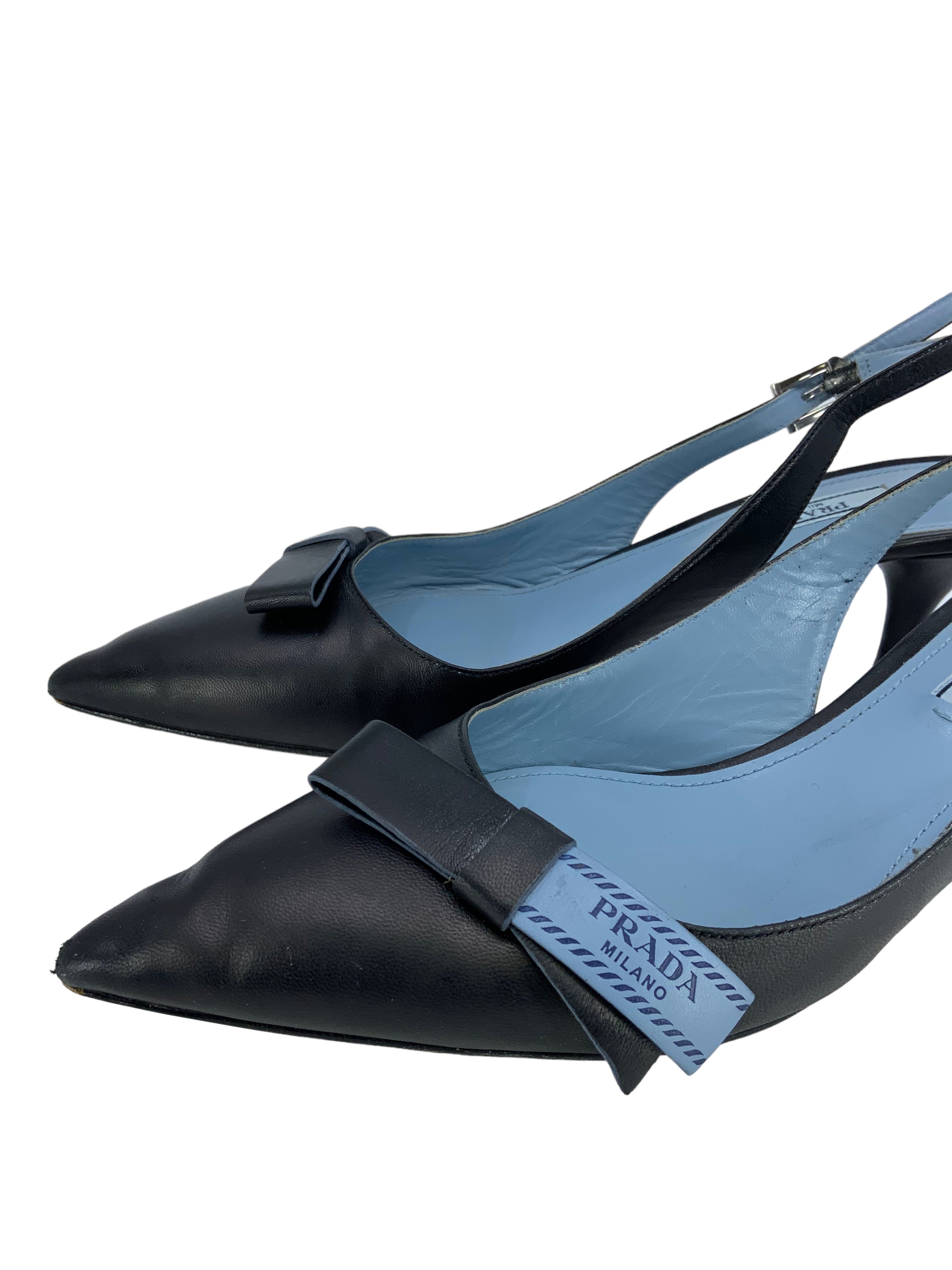 Prada Leather Logo Bow Kitten Heel Slingback Pumps Women's Size 7.5 - Perfect for Office, Party & Special Occasions