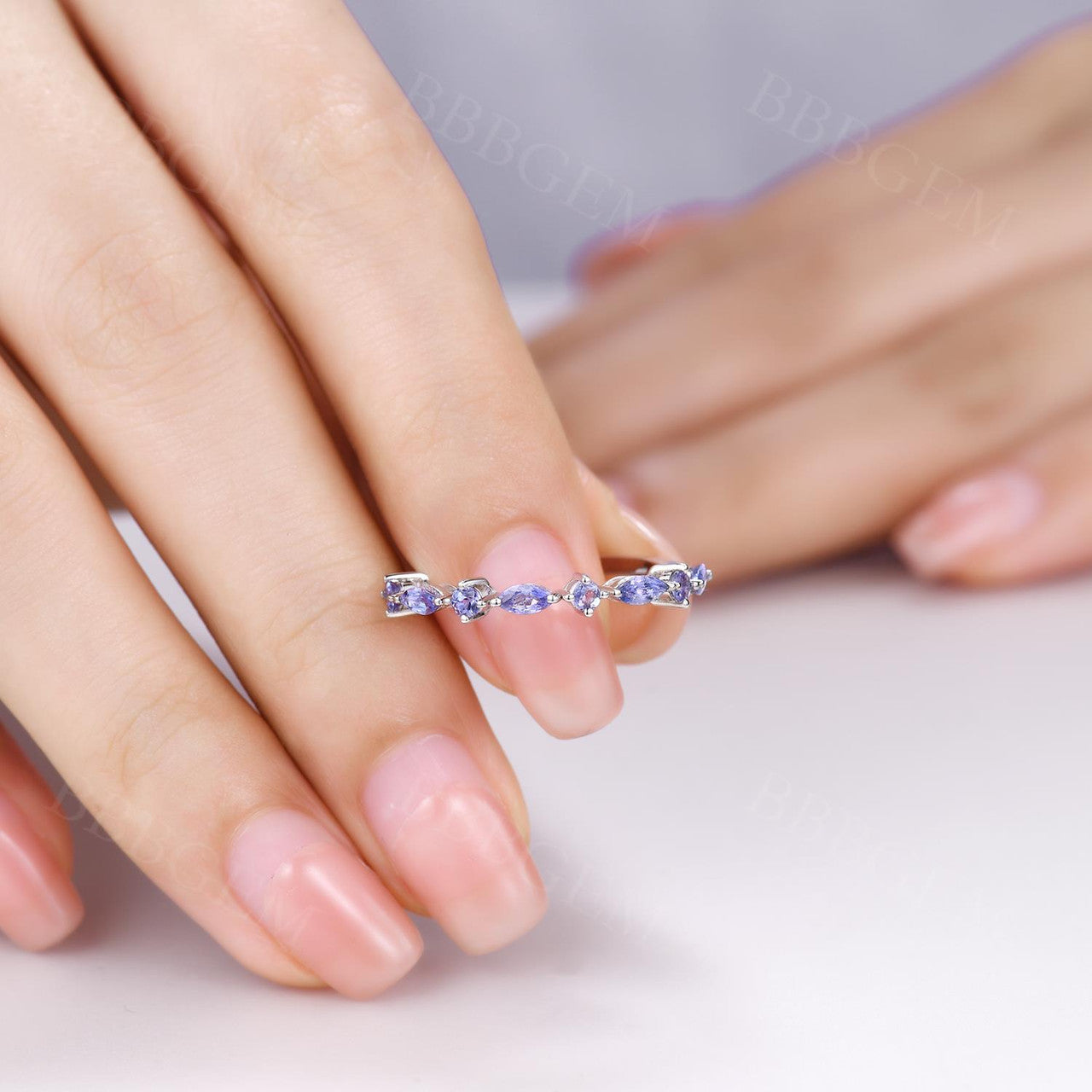 Natural Tanzanite Women's Band Ring - Marquise & Round Cut Half Eternity Shared Prong Gemstone Ring for Wedding, Anniversary & Special Occasions