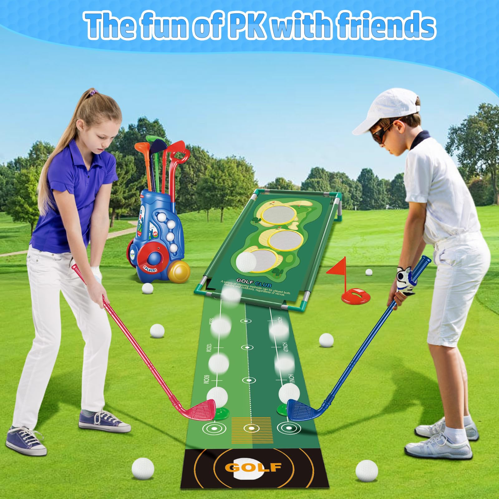 2 in 1 Kids Golf Club Play Set with Golf Board, 4 Golf Balls & Clubs - Portable Storage Bin - Perfect Indoor/Outdoor Golf Toys for Toddlers Age 3+ - Ideal Birthday Gift for Boys & Girls - Great for Backyard Play, Birthday Parties & Family Fun Activities