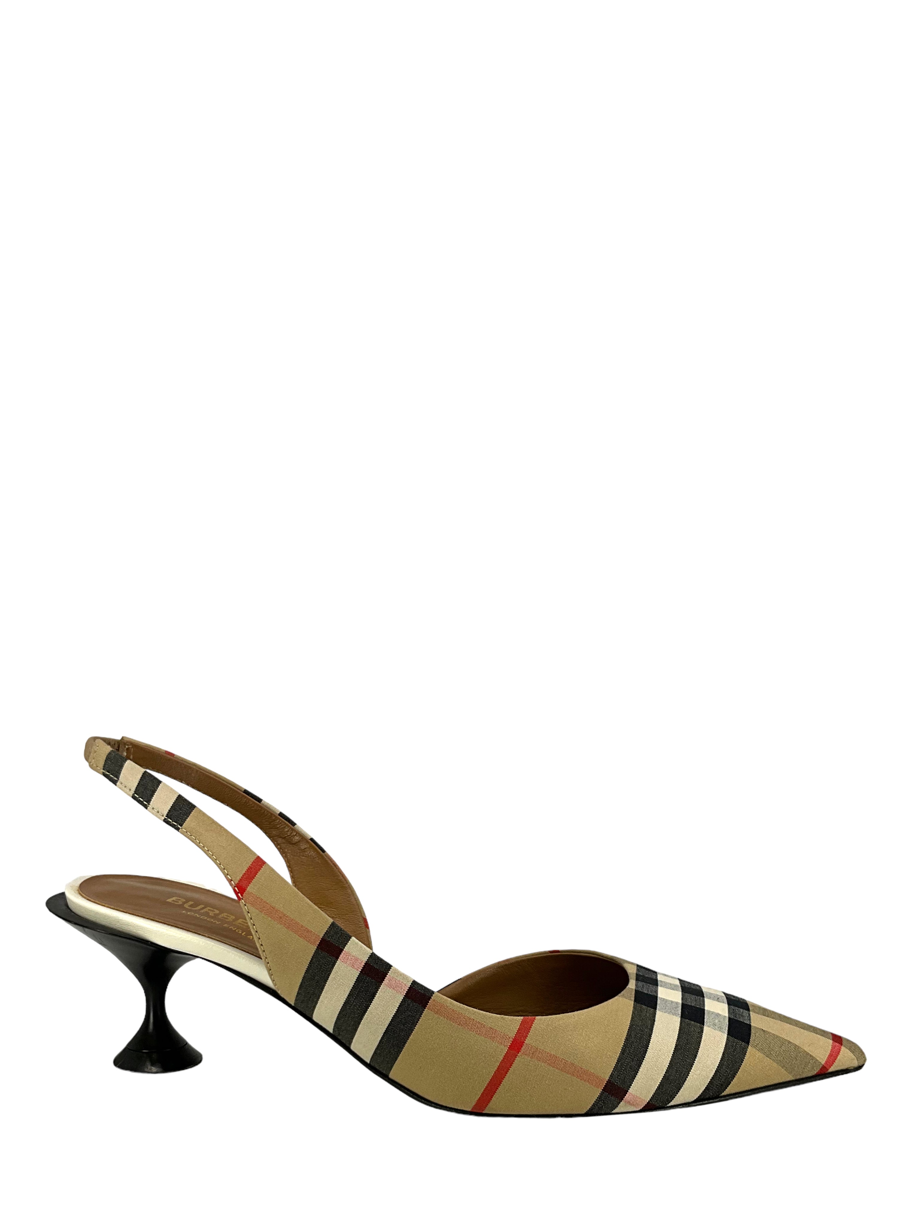 BURBERRY Nova Check Pattern Canvas Slingback Pumps Women's Size 6.5 - Perfect for Office, Party & Formal Occasions