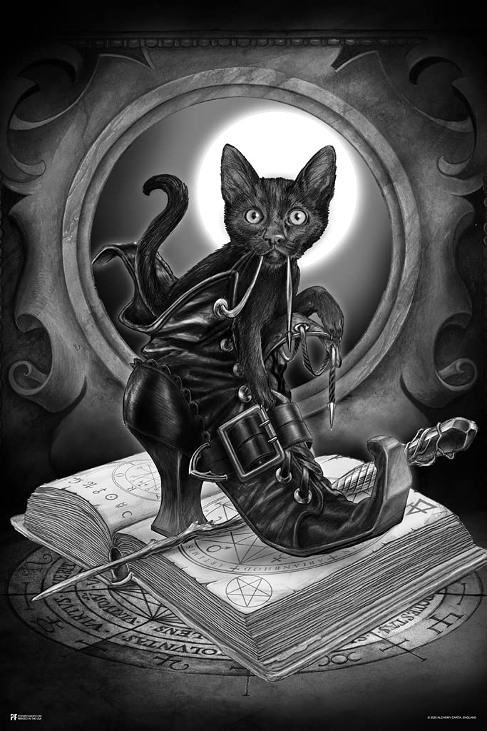 Alchemy Midnight Mischief Cat Wall Art - Gothic Black Cat Poster for Witchy Room Decor (12x18) | Spooky Halloween Decor, Wiccan Altar, Goth Bedroom & Occult Themed Spaces