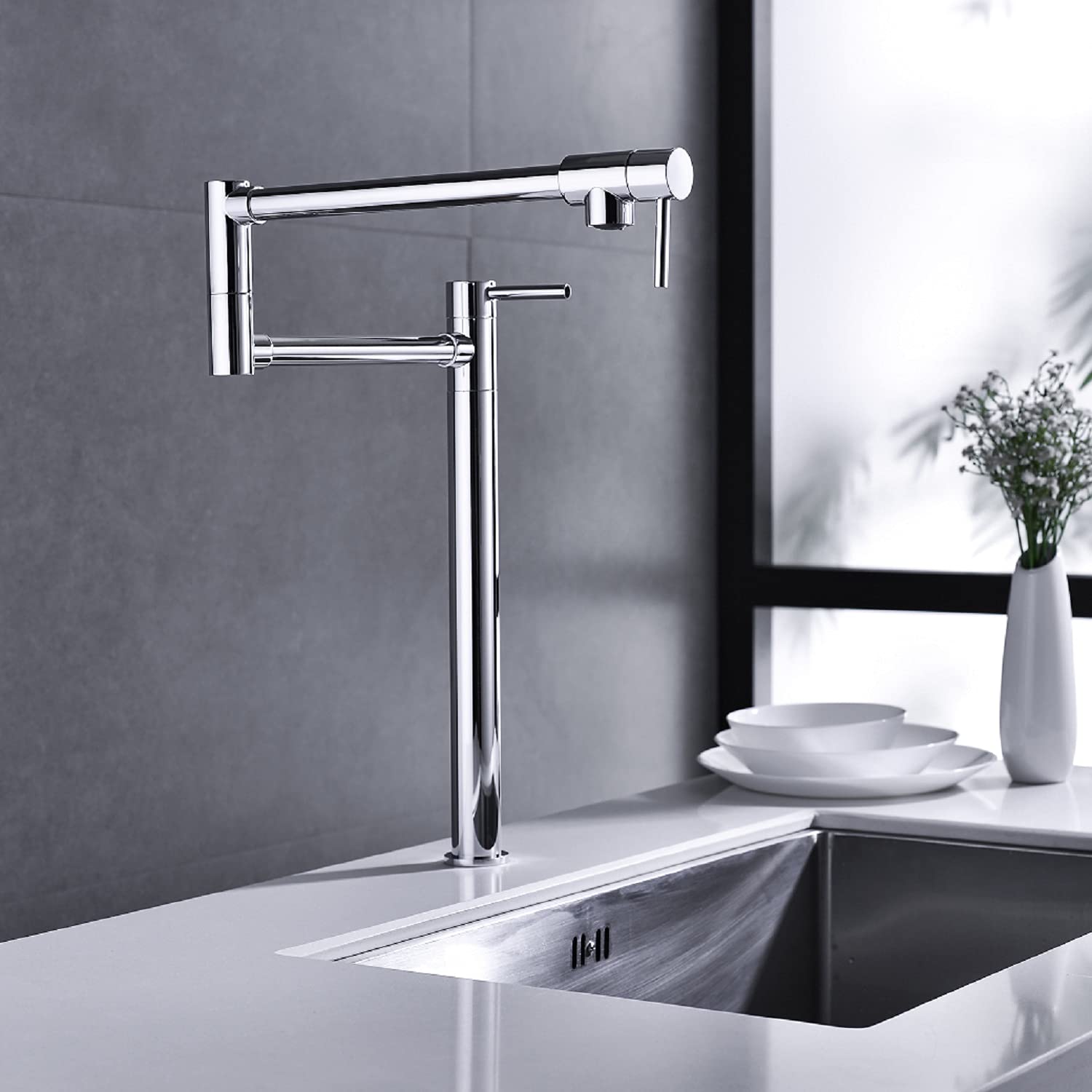 **Brass Deck Mount Pot Filler Faucet with Extension Shank - Dual Swing Single Hole Faucet for Kitchen Sink & Bathroom - Chrome Finish - Perfect for Cooking & Washing**