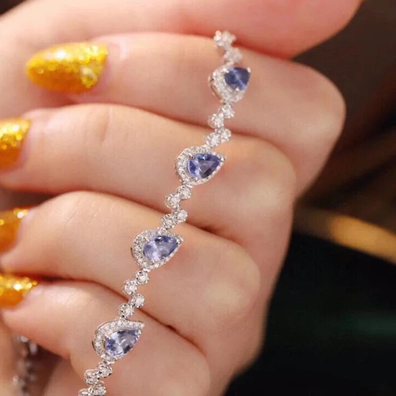 18K Solid White Gold Blue Sapphire & Diamond Bracelet for Women - Elegant Fairy Design, Perfect for High-Class Banquets & Special Occasions