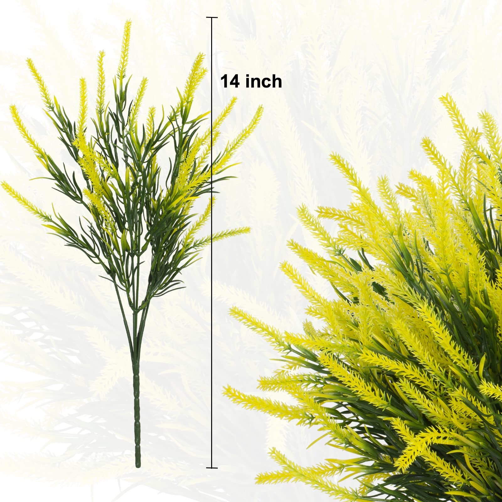 12 Bundles UV Resistant Artificial Lavender Flowers - Fake Outdoor Plants Plastic Shrubs for Window Box, Garden, Porch Decor - Home & Wedding Decoration (Yellow)