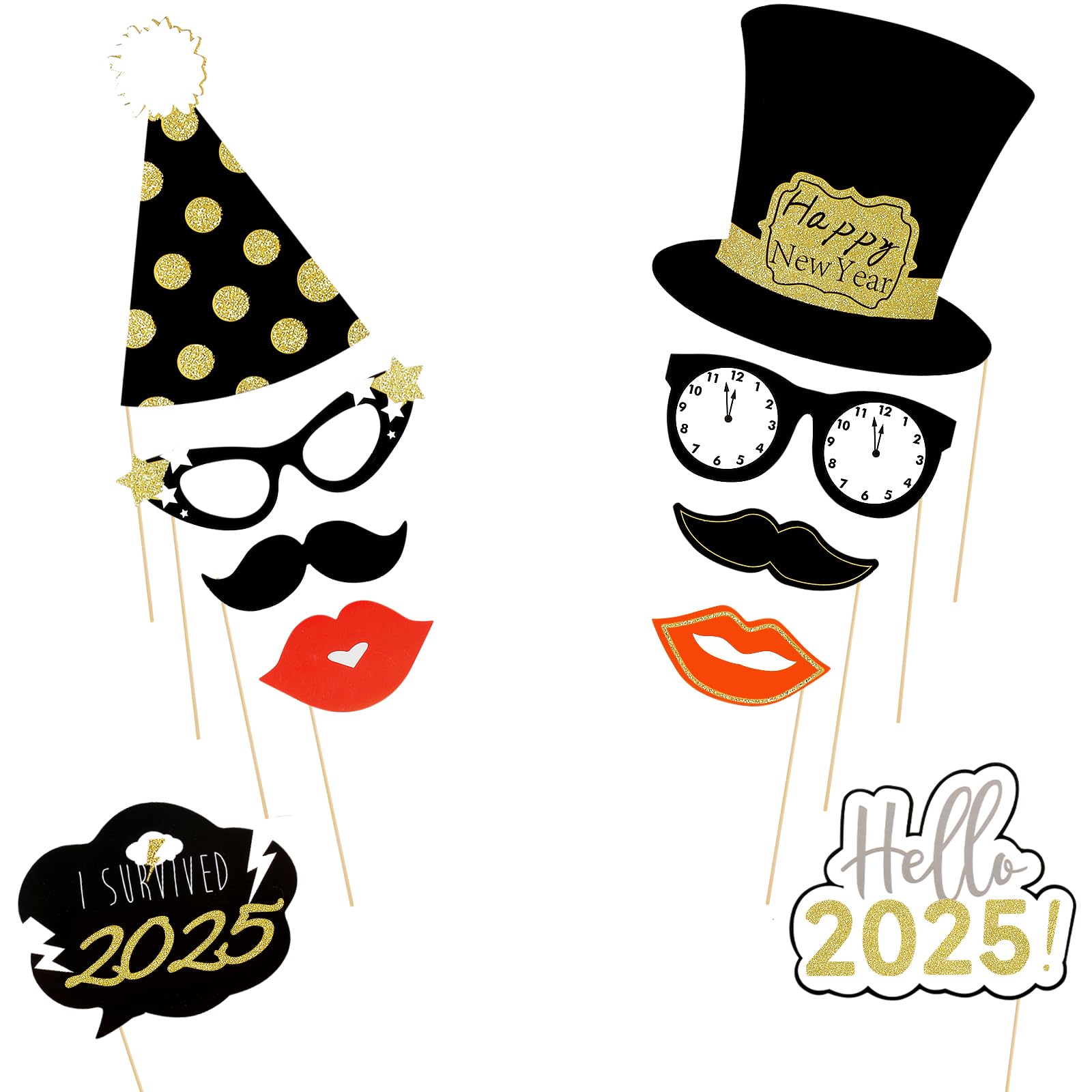 36Pcs New Year's Eve Photo Booth Props 2025 - Gold Glitter Party Decorations for NYE Celebrations, New Year Countdown & Holiday Parties - Perfect for New Year's Eve Decor, Social Media Photos & Family Gatherings