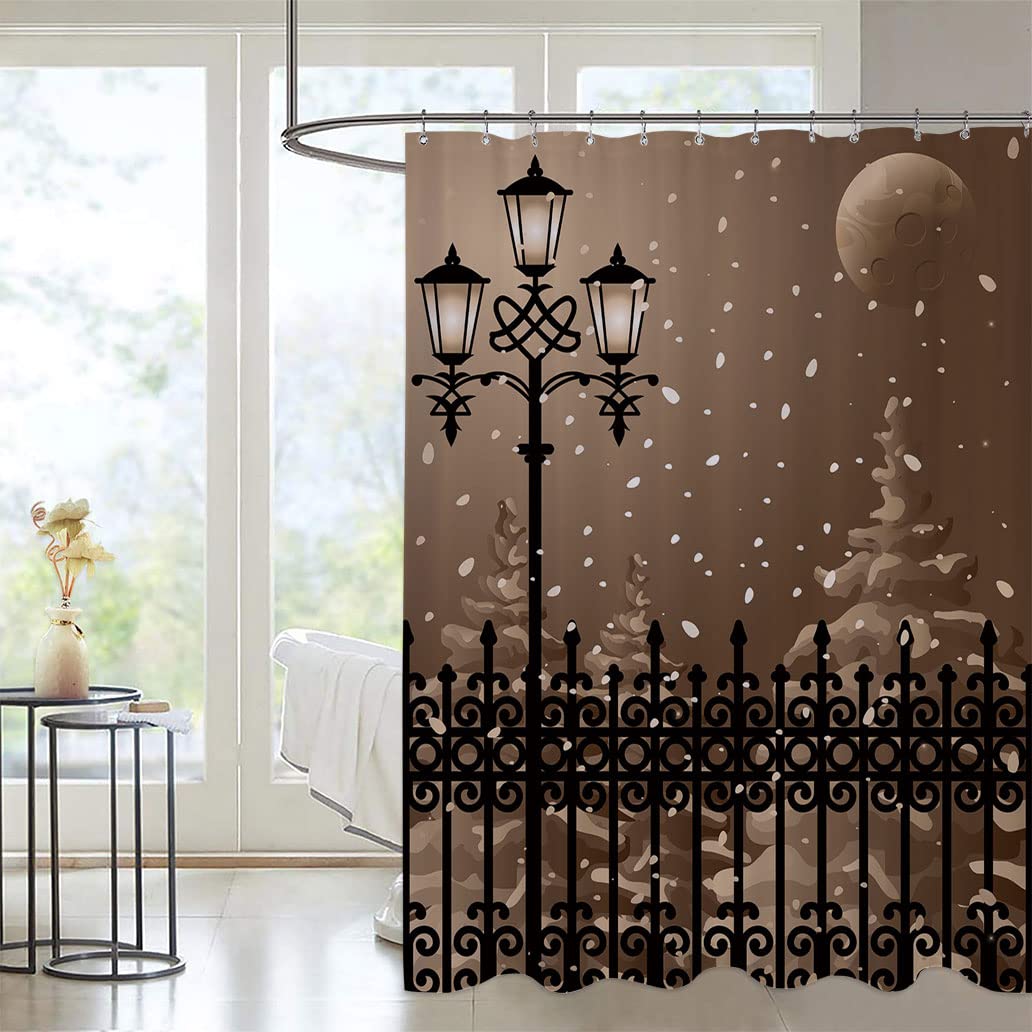 Winter Scenery Shower Curtain Set - Snowy Fences City Evening with Moon Graphic - Waterproof Bathroom Decor (55