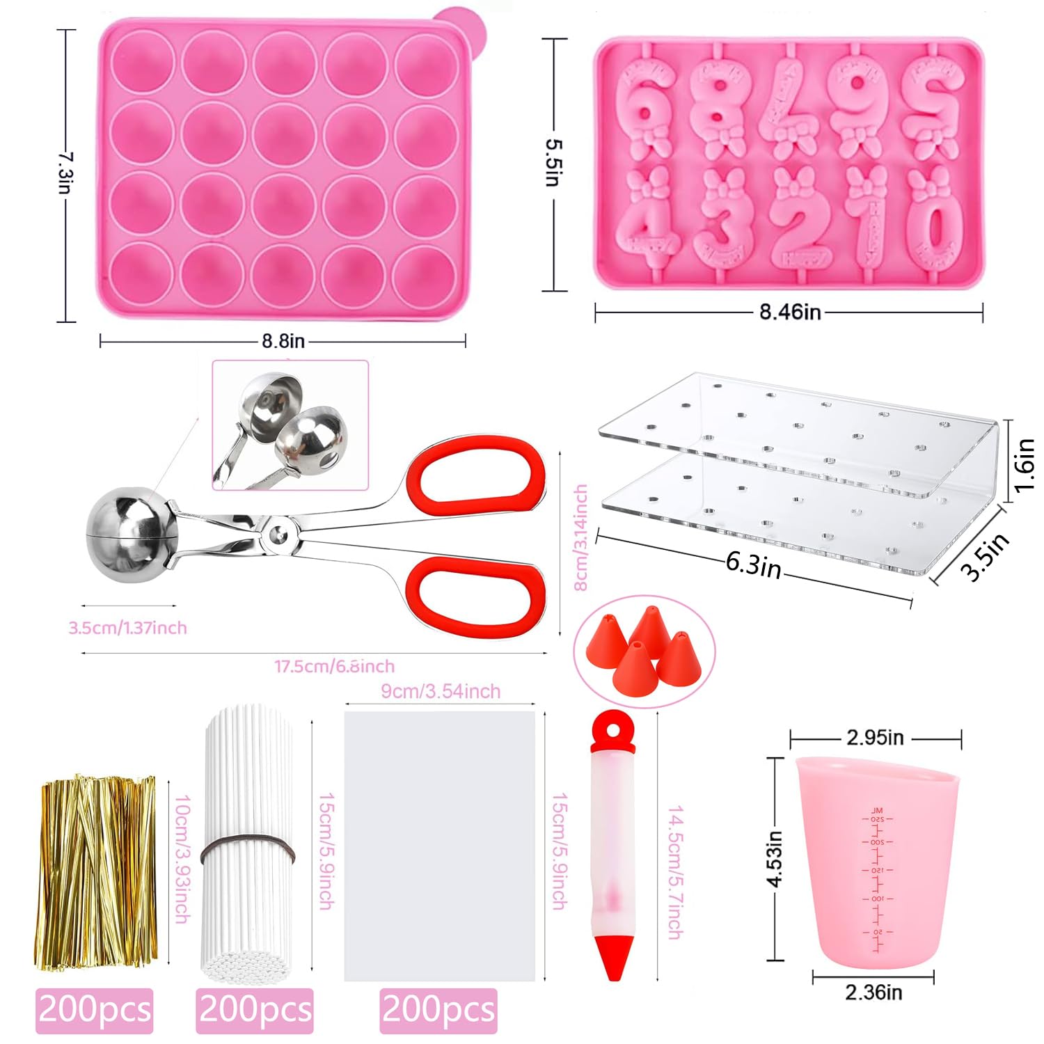 **610PCS Cake Pop Molds Kit - Lollipop Maker Set with Stand, Sticks, Wrappers, Decorating Pen, 4 Piping Tips & Measuring Cup (Pink) - Perfect for Birthday Parties, Baby Showers & DIY Dessert Decorating**