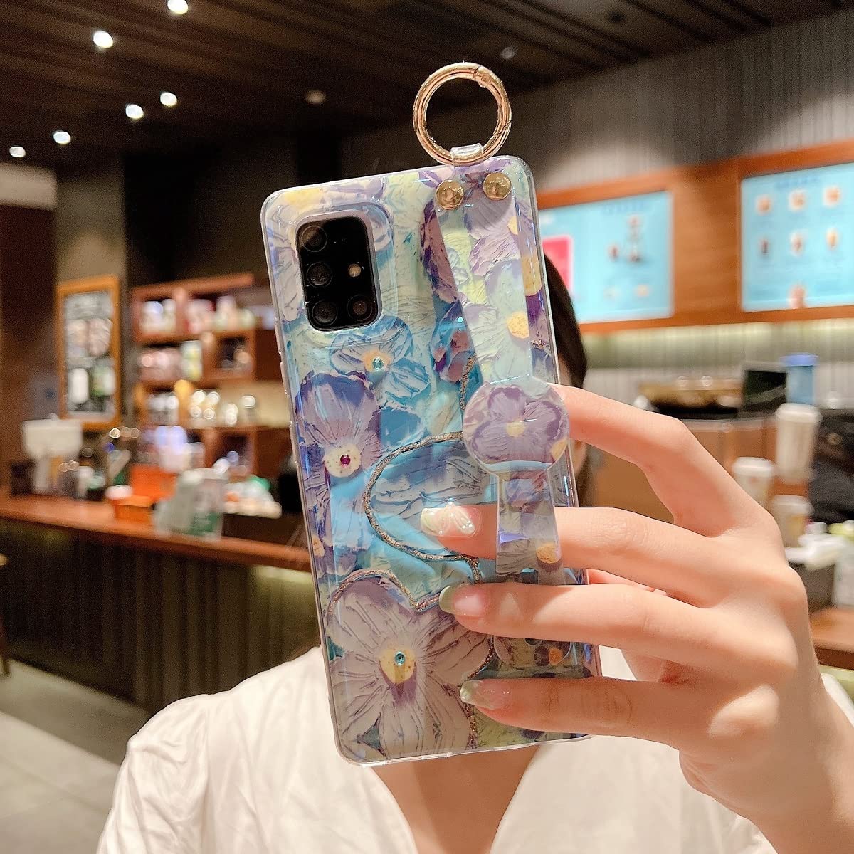 Samsung Galaxy A71 5G Case - Cute Glitter Bling Cartoon Taro Flower Design with Wrist Strap & Kickstand | Shockproof Soft TPU Protective Phone Cover for Women & Girls | Perfect for Daily Use, Work, and Travel
