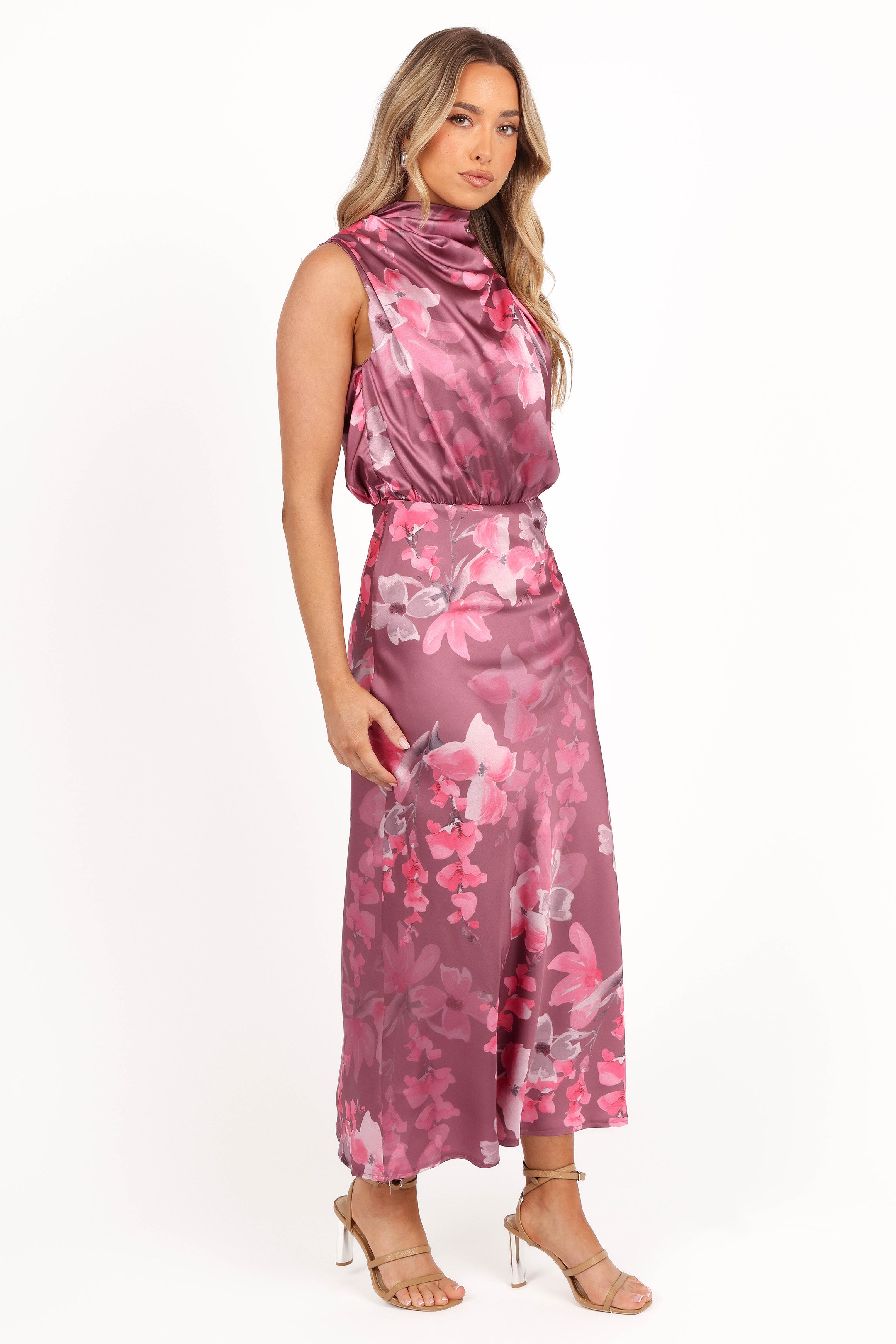 Anabelle Women's Halter Neck Midi Dress - Dark Rose Floral Print Summer Dress for Beach Vacation, Garden Party & Date Night