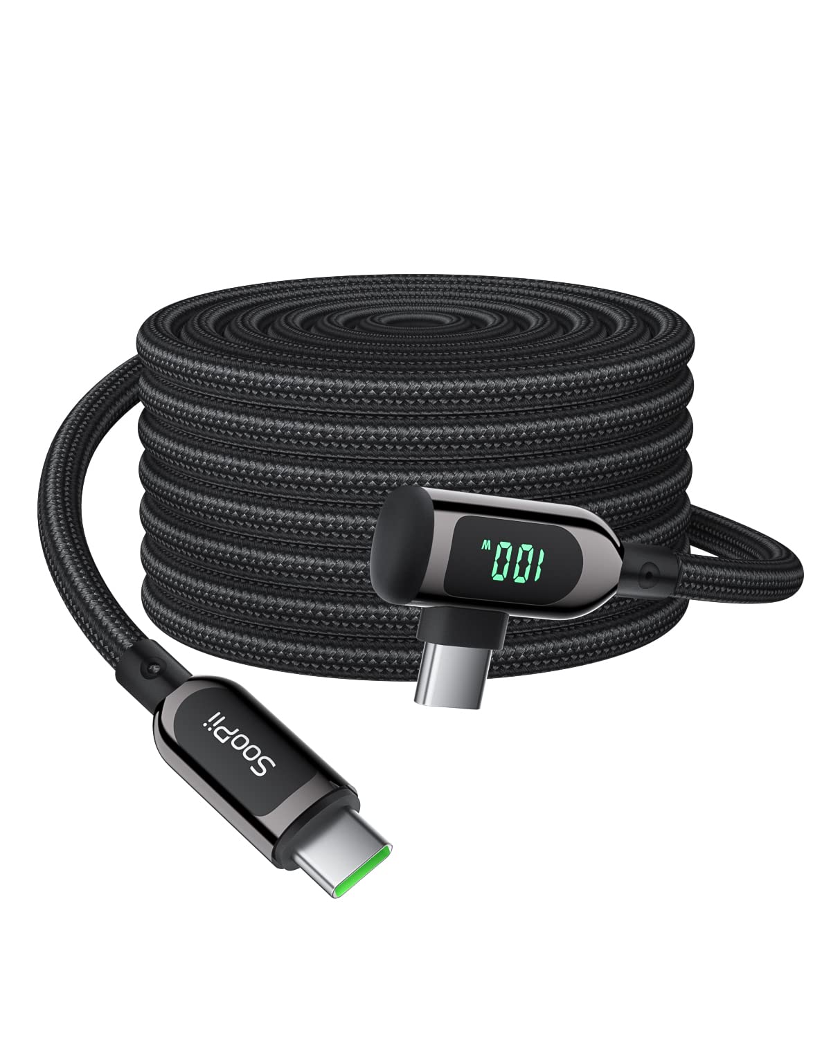 SooPii 100W USB C to USB C Right Angle Cable 10FT - Zinc Alloy Braided Fast Charging Type C Cable with LED Display - Compatible with iPhone 15, iPad Air/Pro, MacBook Pro, Galaxy S24/S23/S22/S10, Pixel, LG - Perfect for Home, Office & Travel Charging (3m, Black)