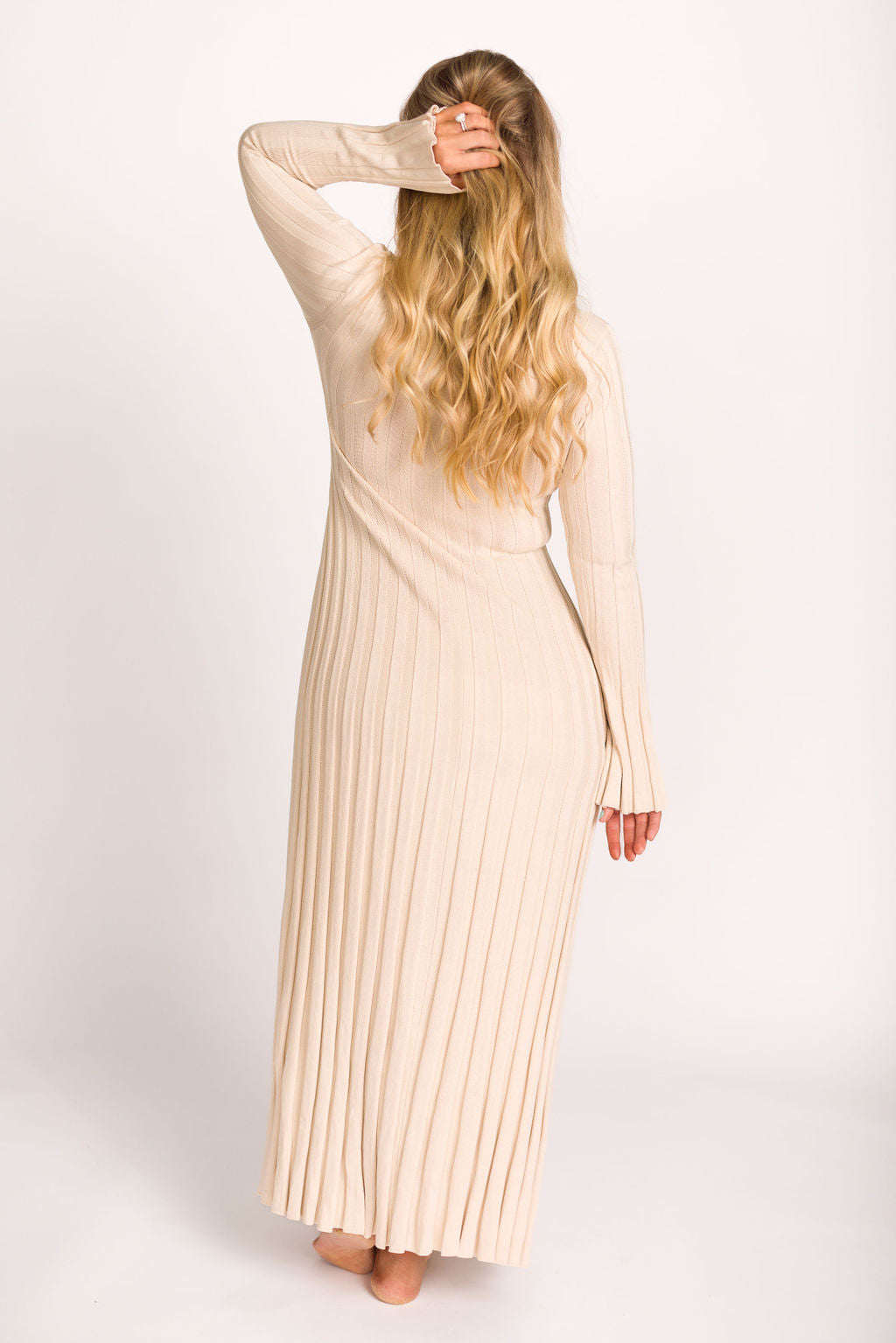Hadley Long Sleeve V Neck Knit Maxi Dress in Cream Taupe - Elegant Women's Casual Maxi Dress for Fall & Winter, Perfect for Office, Date Night and Holiday Parties
