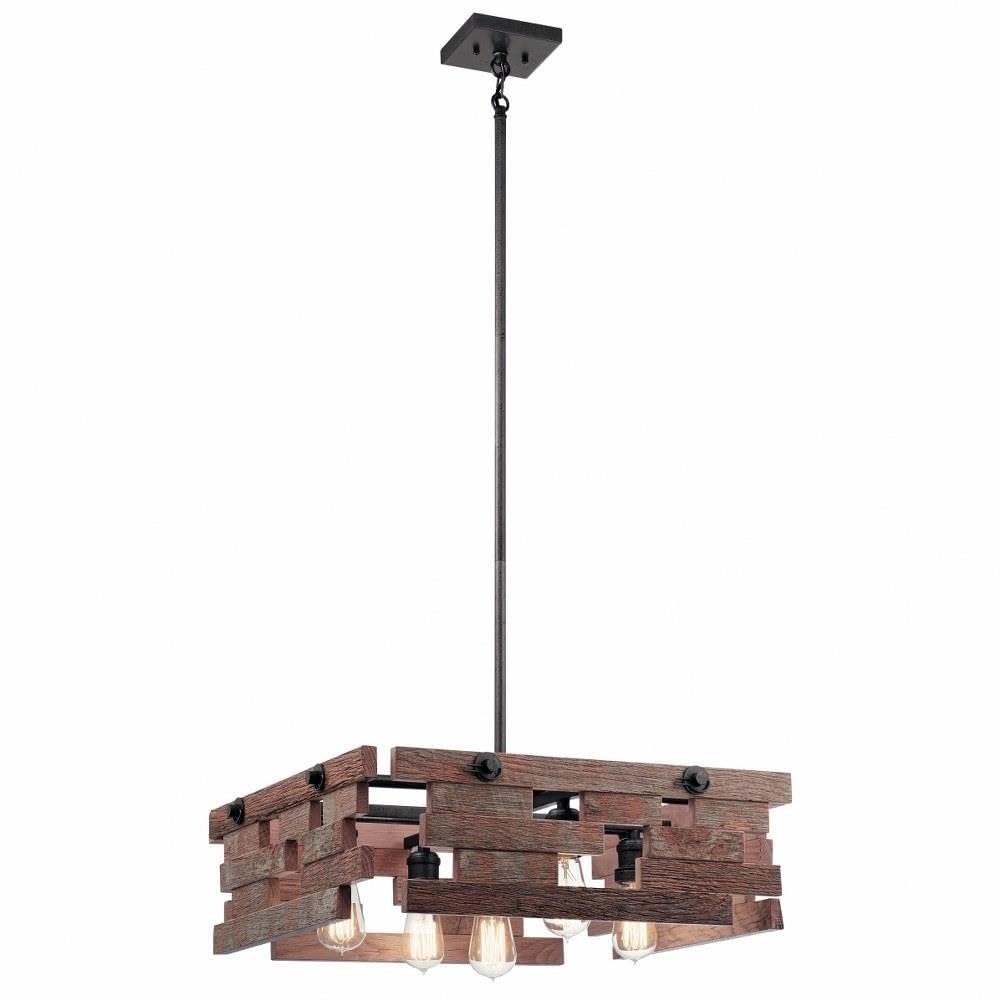 5-Light Rustic Reclaimed Wood Pendant Light Fixture with Anvil Iron Finish - Farmhouse Dining Room, Kitchen Island, Bar Lighting for Home Decor